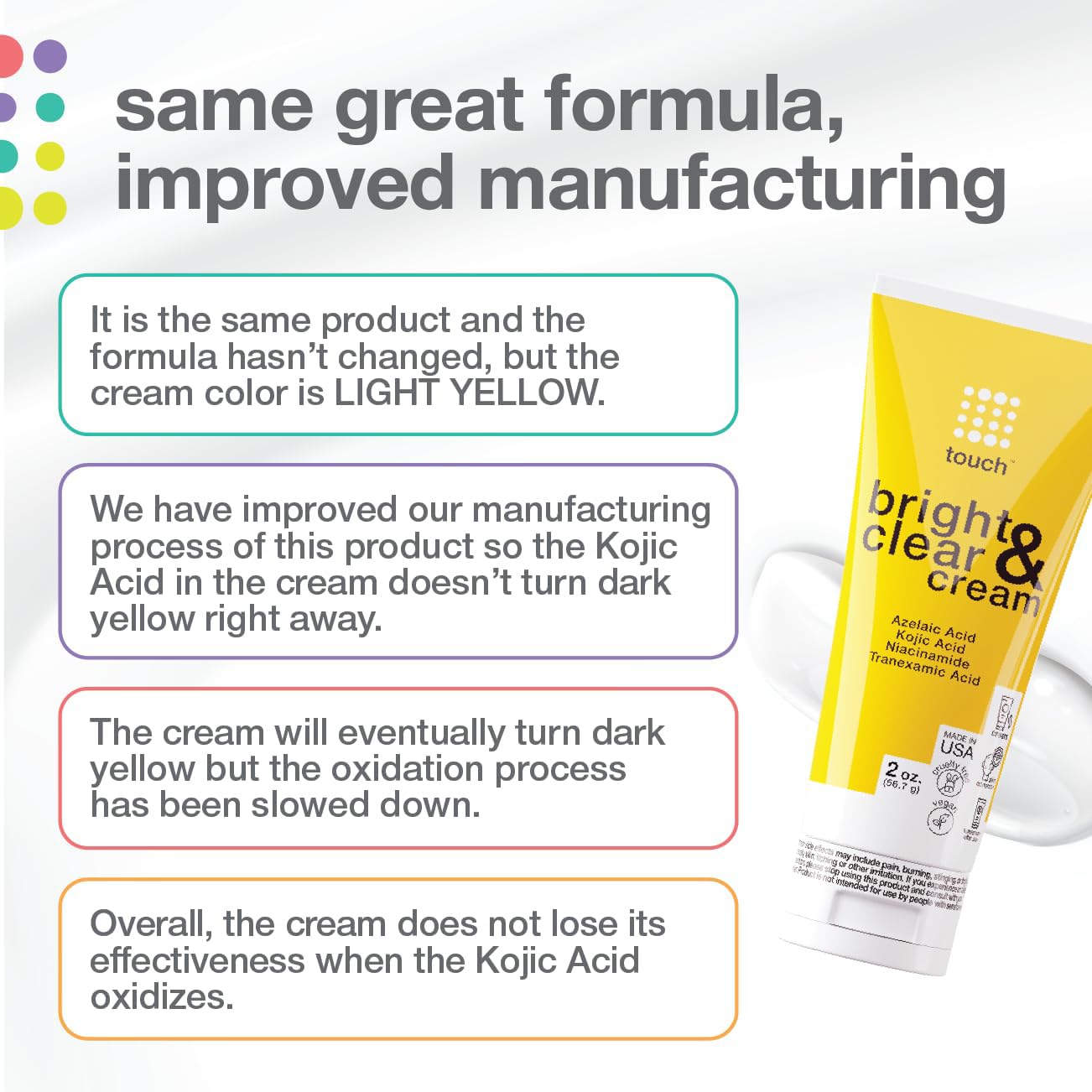 TOUCH Skin Bright Cream for Dark Spots on Face - Azelaic Acid with Kojic Acid, Tranexamic Acid, & Niacinamide – Age Spot, Sun Spot, and Melasma