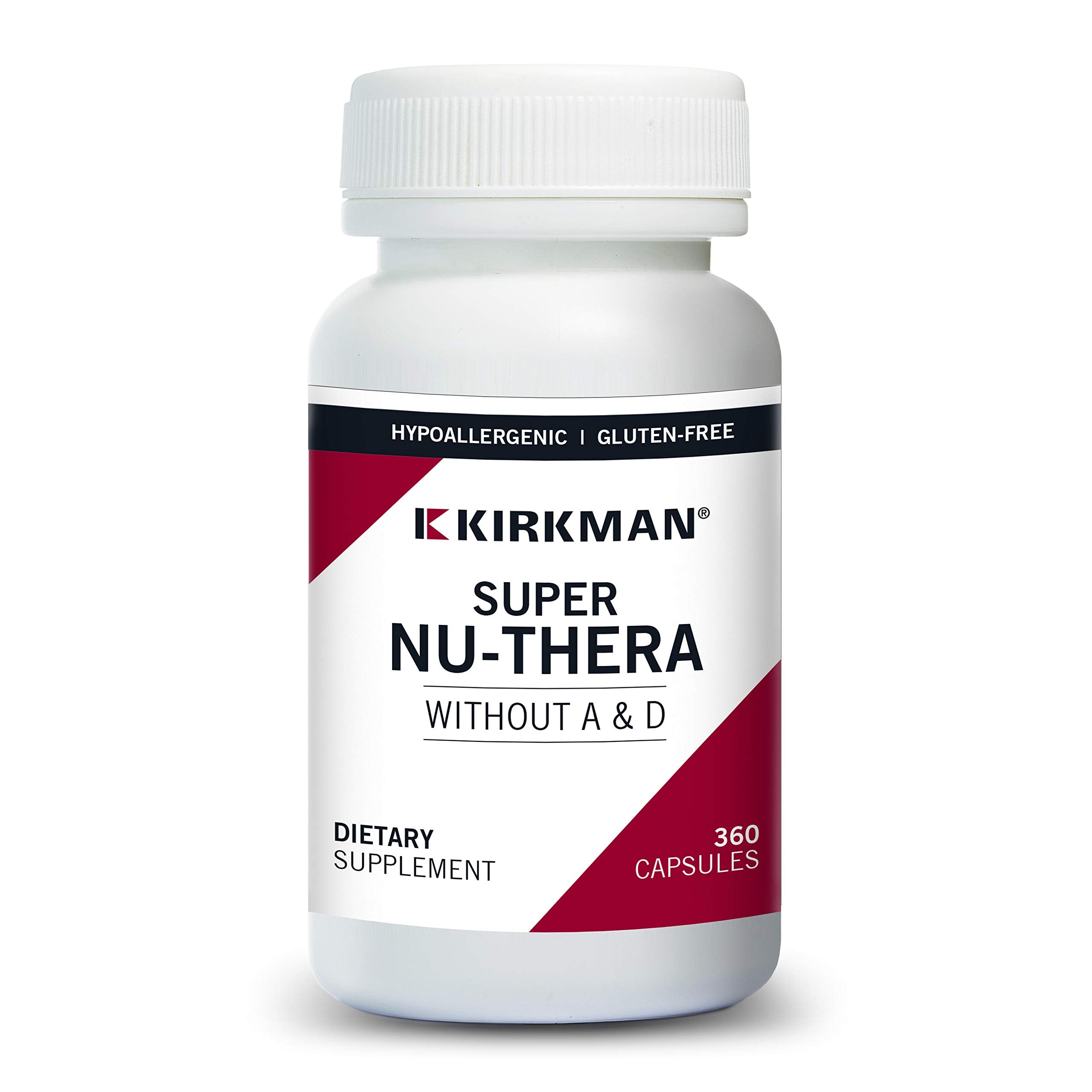 Kirkman Super Nu-Thera® w/o Vitamins A and D - Hypoallergenic || 360 Vegetarian Capsules || Multi Vitamin || Provides high Vitamin B-6 and Magnesium Content || Gluten and Casein Free