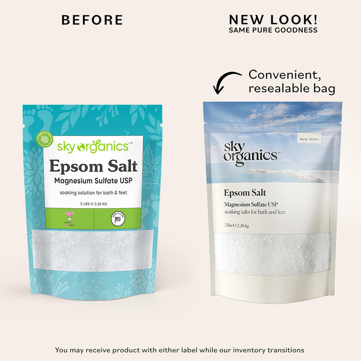 Sky Organics - Epsom Salt Bath Soak, 5 lbs - Magnesium Sulfate USP - 100% Pure, Medium Grain - Unscented - Soaking Bath Salts - Resealable Bag - Natural, Vegan & Cruelty Free - Self Care - Bath & Feet