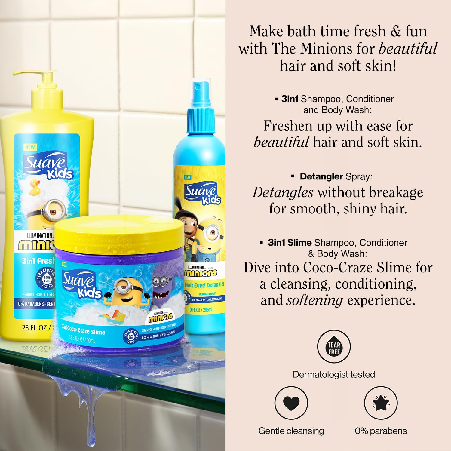 Suave Kids Minions Hair Products Bundle –3-in-1 Coco-Craze Slime & Fun Fresh Shampoo, Conditioner & Body Wash + Detangler Spray, 28 Oz Ea (3 Piece Set)