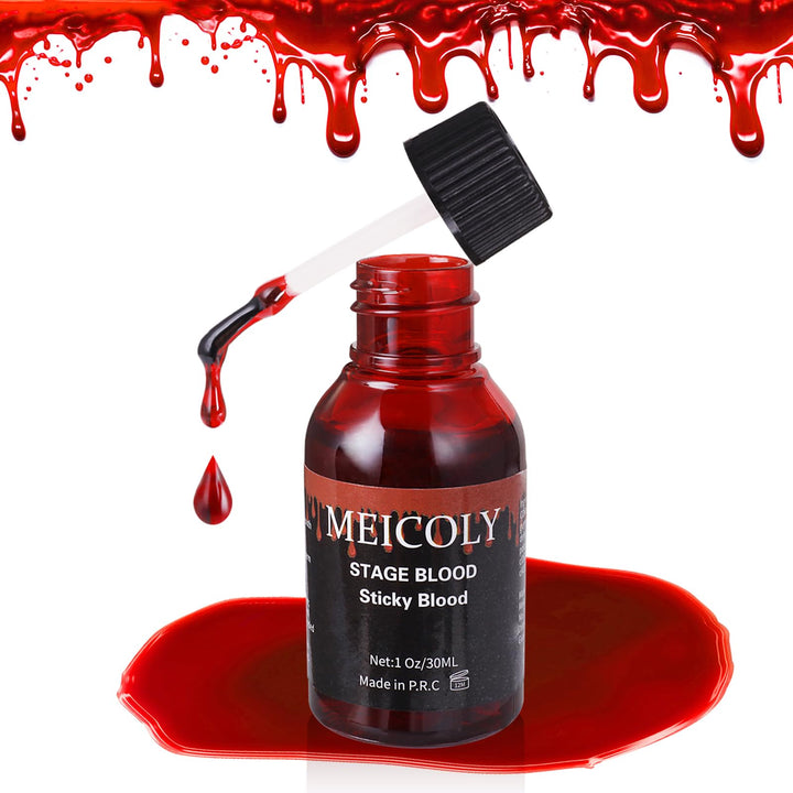 MEICOLY Fake Blood Washable,1.06 OZ Edible Stage Blood,Realistic Drips Sticky Fake Blood with Brush,Safe for Mouth,Teeth,Nosebleed,Halloween,Cosplay,SFX Makeup,Special Effects Cut Flesh Wound,Bright