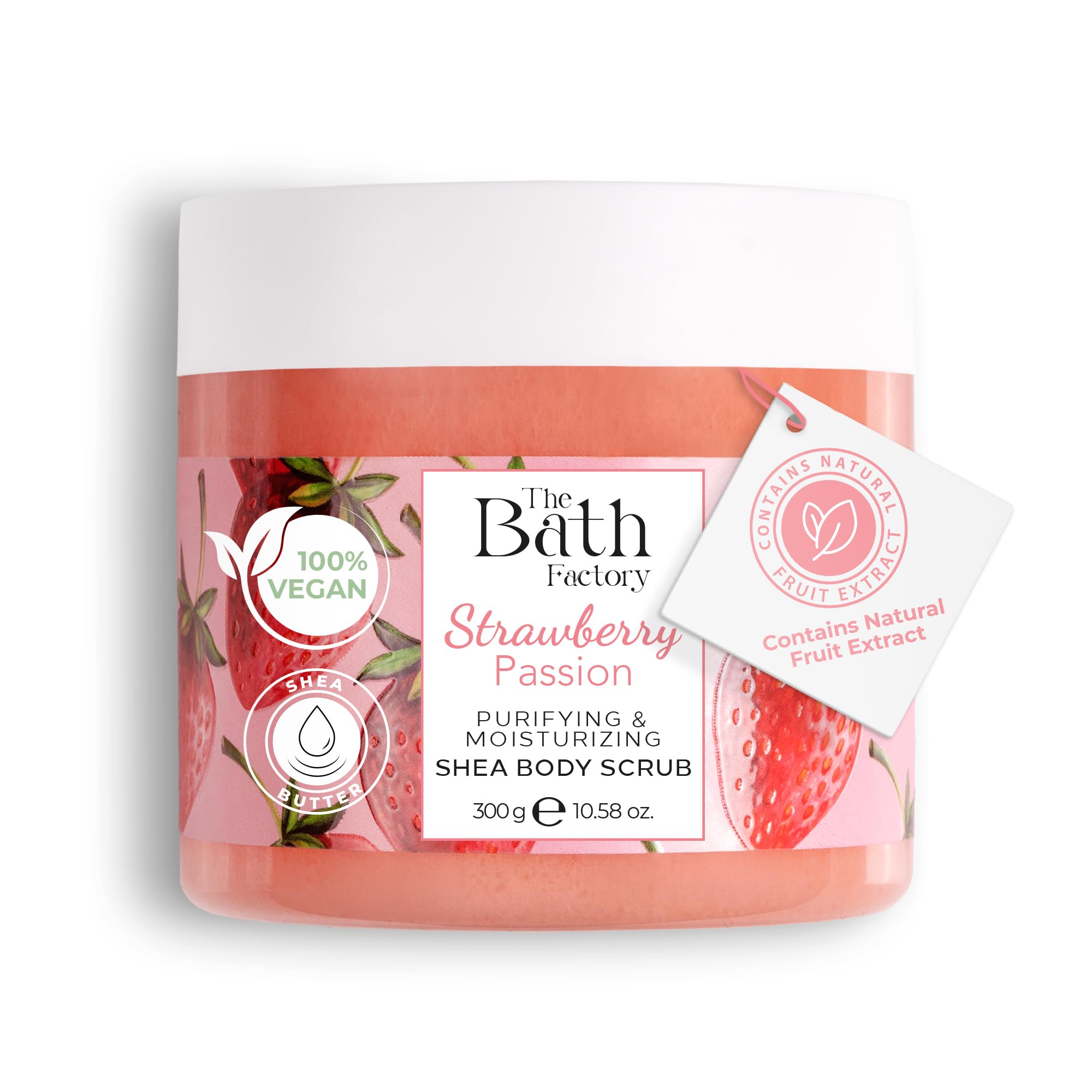 THE BATH FACTORY Body Scrub for Exfoliating with Moisturizing Shea Butter | 100% Vegan | Natural Strawberry Extract | Perfect Exfoliator for All Body Parts such as Face, Foot, Hand