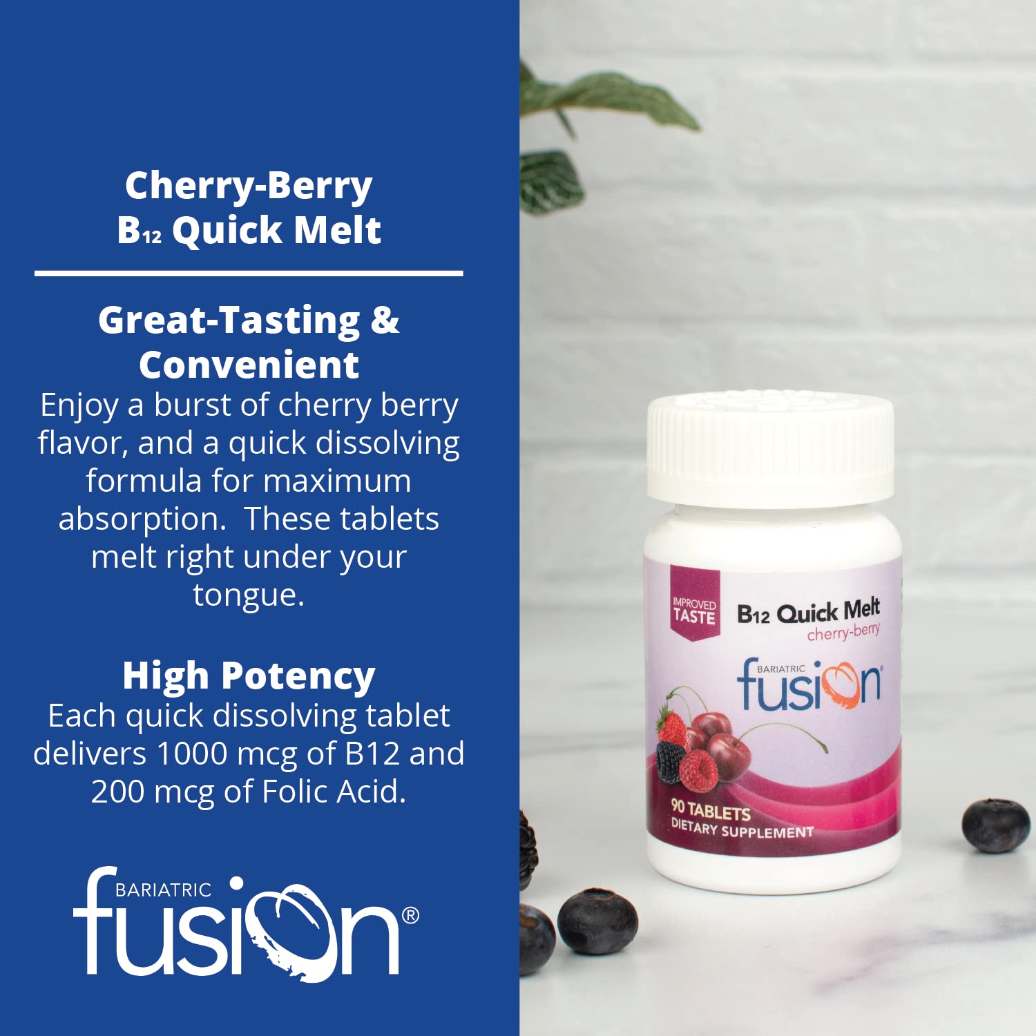 Bariatric Fusion Vitamin B12 Melt | Cherry Berry Flavored Tablets | Dissolves On Your Tongue B 12 Vitamin 1000 mcg and Folic Acid | Vegan B12 Vitamins | Gluten, Dairy & Soy Free | 90 Count