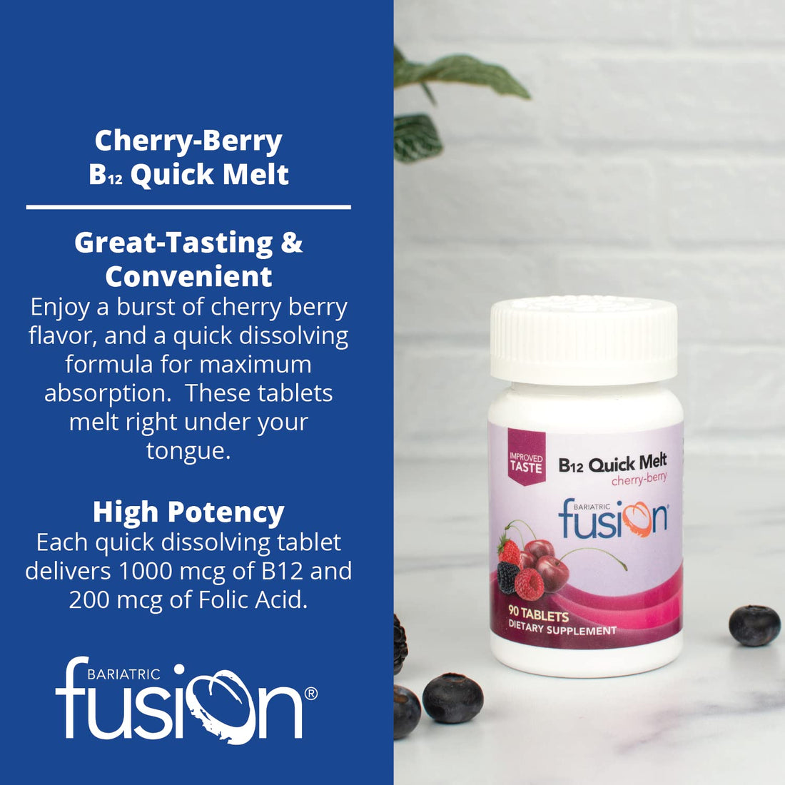 Bariatric Fusion Vitamin B12 Melt | Cherry Berry Flavored Tablets | Dissolves On Your Tongue B 12 Vitamin 1000 mcg and Folic Acid | Vegan B12 Vitamins | Gluten, Dairy & Soy Free | 90 Count