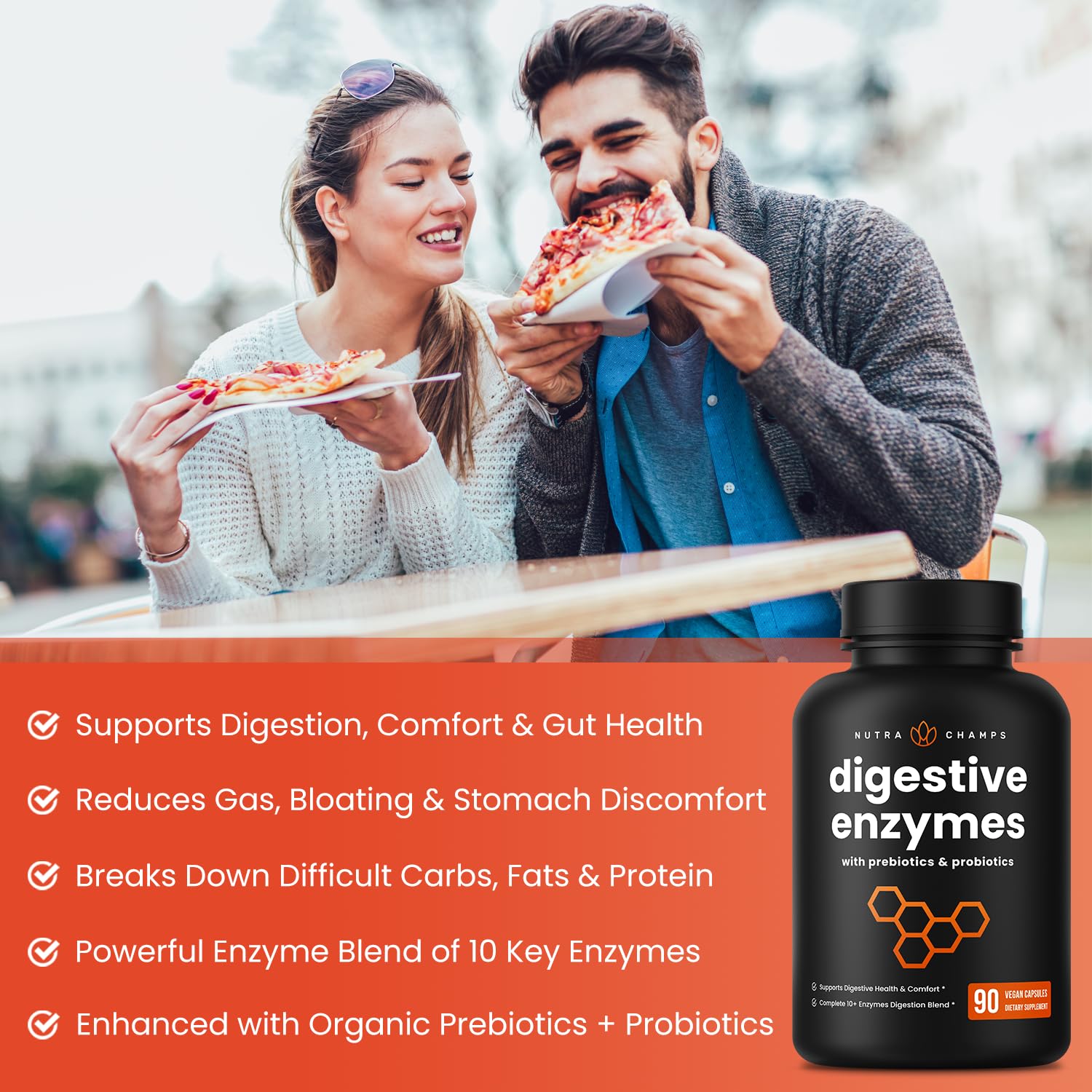 NutraChamps Digestive Enzymes with Probiotics and Prebiotics for Women & Men - 90 Vegan Capsules with Bromelain for Bloating & Optimal Gut Health