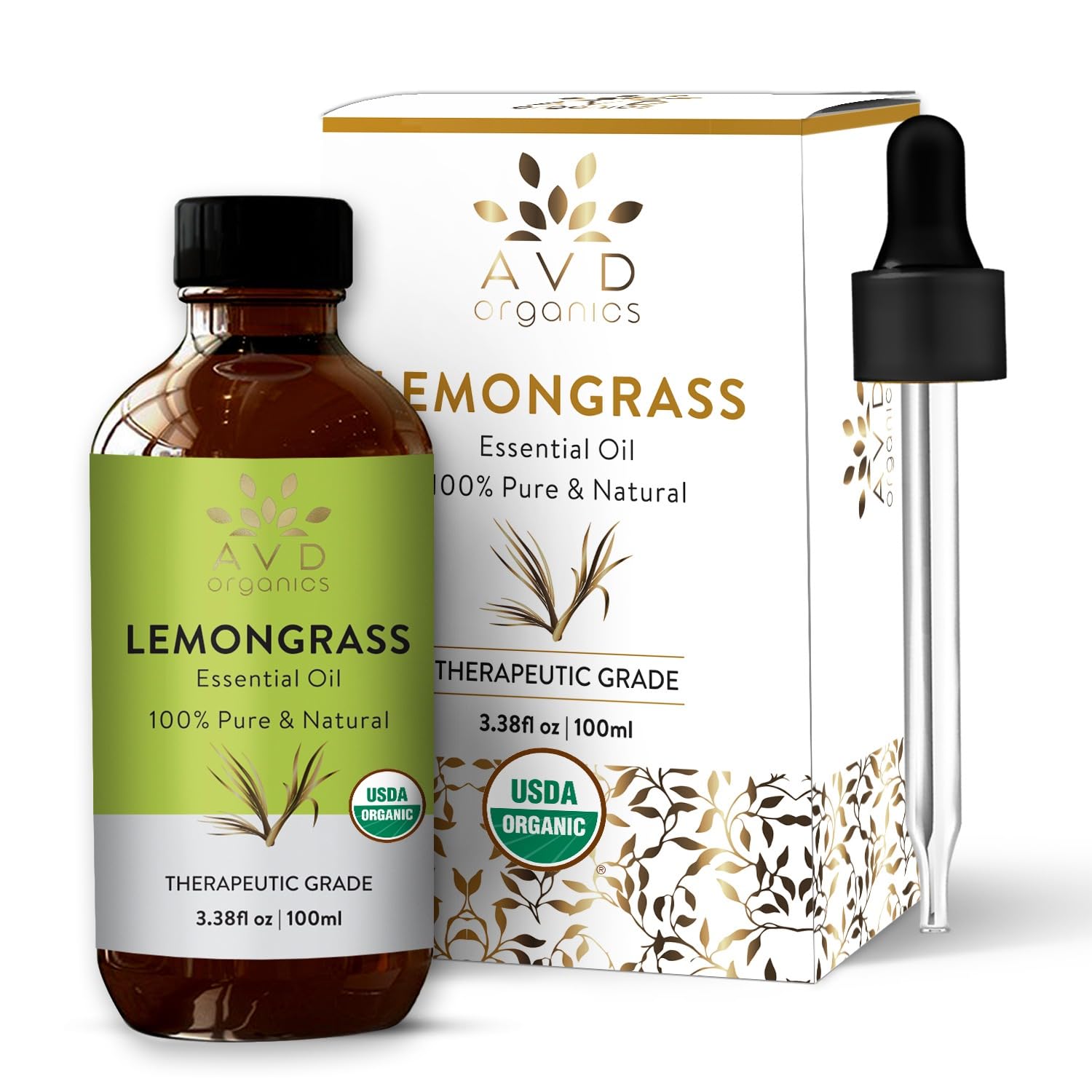 AVD Organics Lemongrass Essential Oil | 100% Pure and Natural USDA Organic Lemon Grass Oil | for Aromatherapy Skin Home Diffusers Carrier | 3.38 fl. Oz