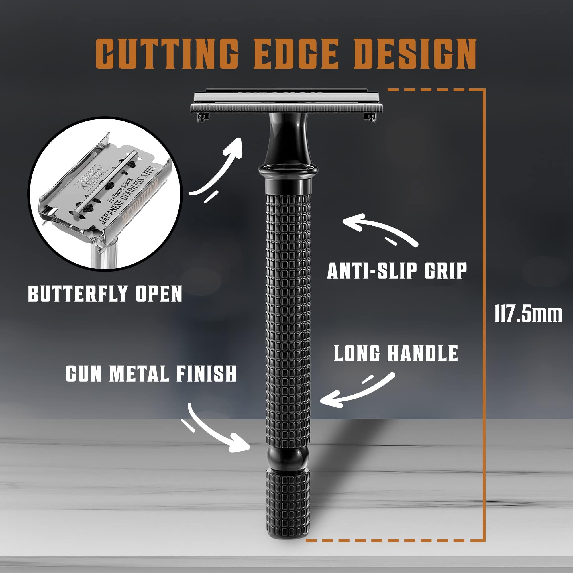 SHAVING REVOLUTION Long Handle Double Edge Safety Razor - Butterfly Open Razor 10 Japanese Stainless Steel Double Edge Blades - Close, Clean Shaving Razor Men., Black Long Handle, 12 Piece Set