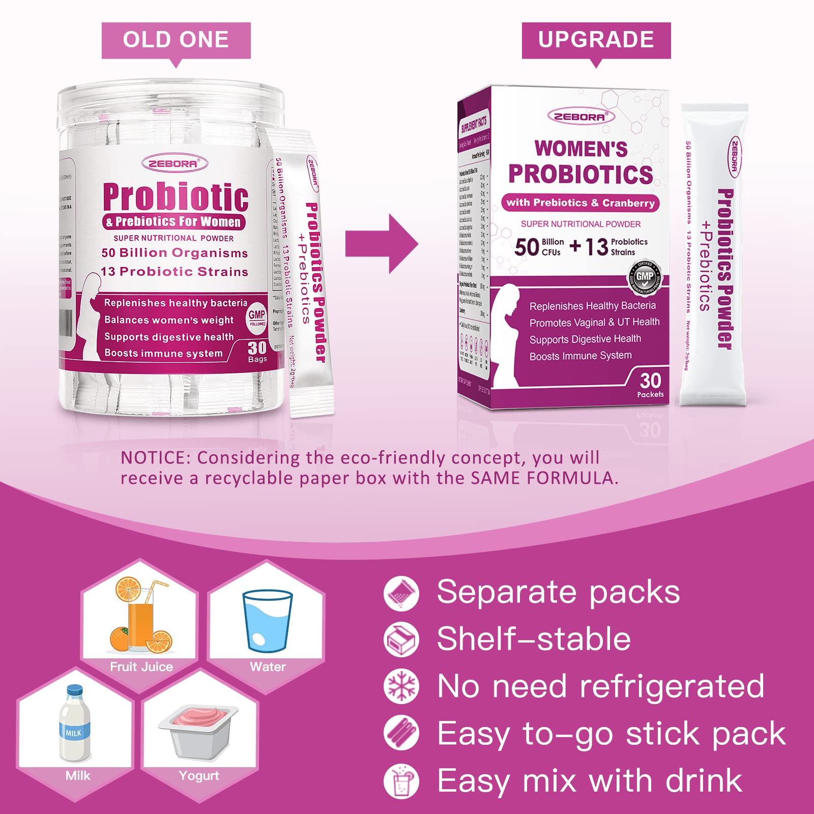Probiorics for Women Probiotics Powder 50 Billion CFUs 13 Strain, Women's Probiotics with Prebiotics for Digestive Health and Immune Support, Cranberry for Urinary & Vaginal Health 30-Day-Supply