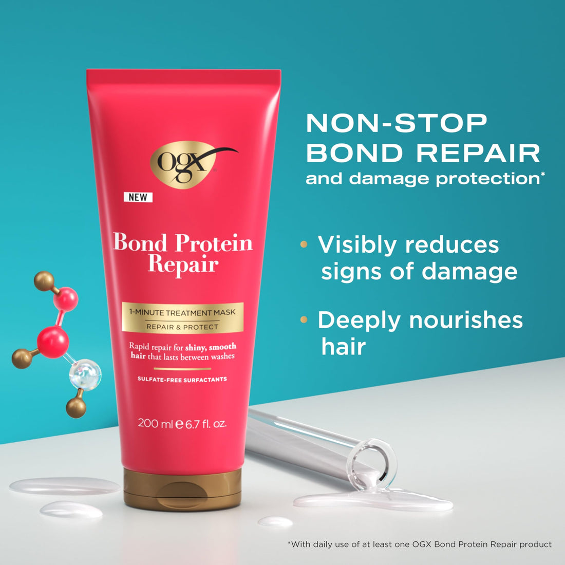 OGX Repair & Protect Bond Protein Repair 1-Minute Treatment Mask, Hair Treatment Mask Rapidly Repairs for Shiny, Smooth Hair That Lasts Between Washes, Sulfate-Free Surfactants, 6.7 fl. oz