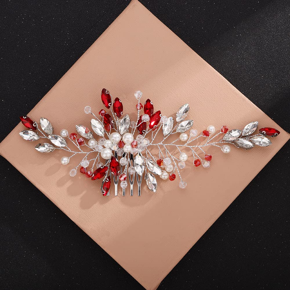 Aimimier Bridal Red Crystal Hair Comb Ruby Hair Vine with Comb Pearl Hair Piece Prom Party Festival Wedding Hair Accessories for Women and Girls