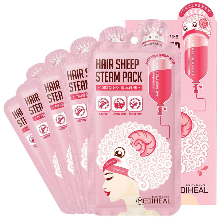 Mediheal Hair Sheep Steam Pack 5 Sheets - Intense Repair Mask for Damaged, Rough Hair, All Types with Steaming for At-Home Spa Experience