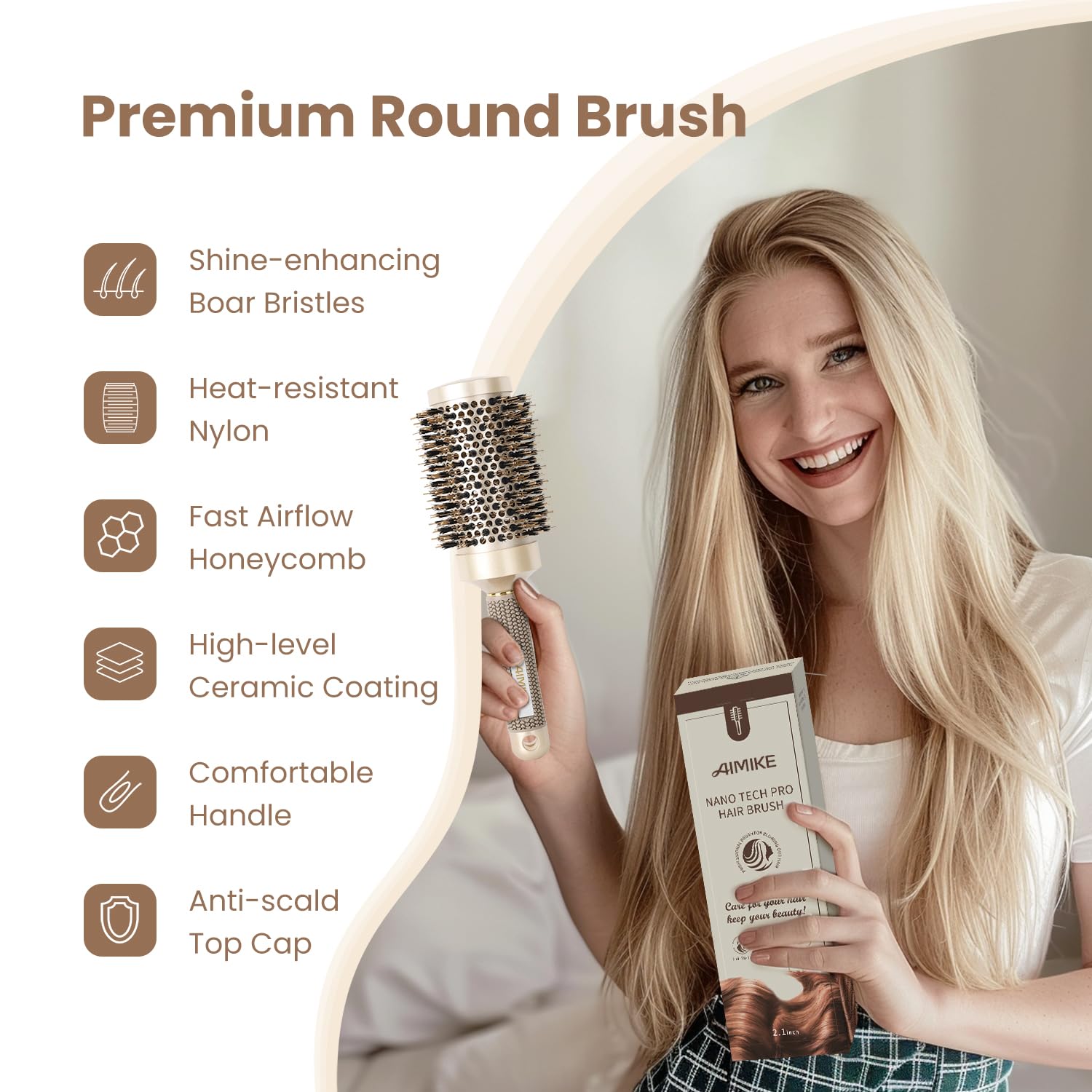 Round Brush, Nano Thermal Ceramic & Ionic Tech Hair Brush, Round Barrel Brush with Boar Bristles, Enhance Texture for Hair Drying, Styling, Curling and Shine (2.1 inch) + 4 Free Clips by Aimike