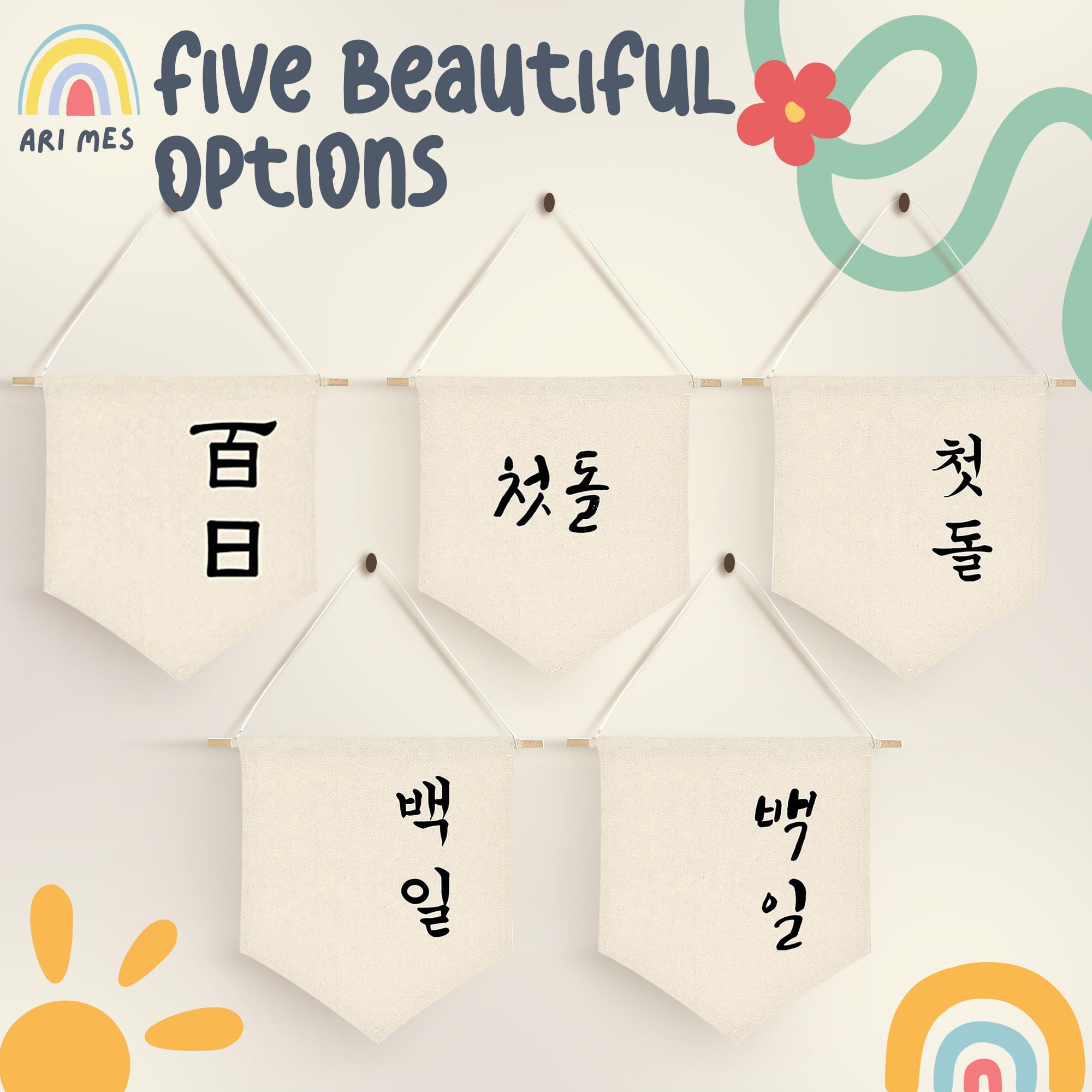 ARI MES - Korean First Birthday Hanging Canvas Banner, Dohl Decoration Korean, Durable Canvas Flag, First Birthday Decorations for Girl and Boy, Happy Birthday Banners Celebration, Korean-Cute