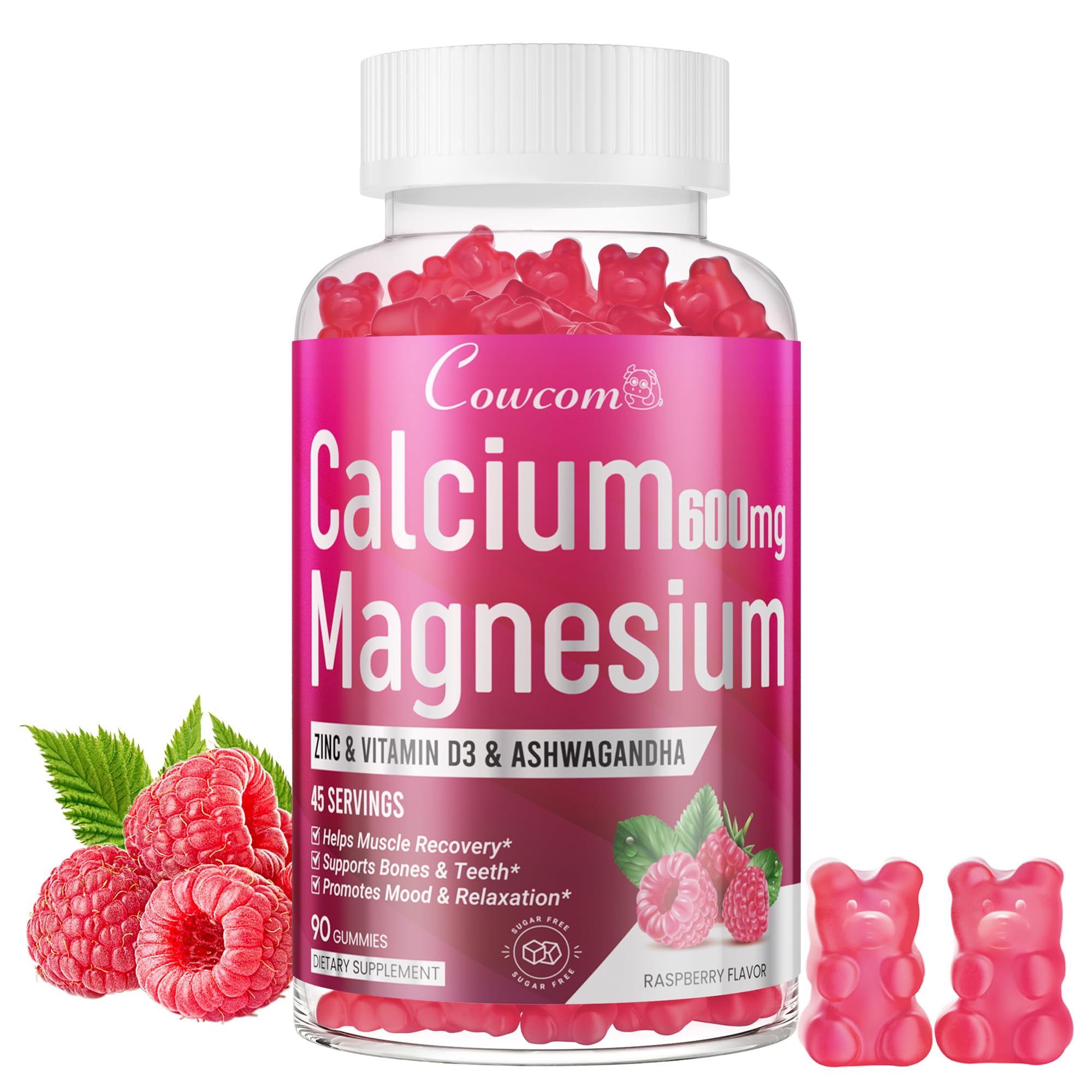 Calcium Magnesium Zinc Gummies Sugar-Free with Vitamin D3 B6 B12,High Absorption Calcium Magnesium Supplement,Bone, Muscles,Calm Mood,Sleep Support for Kids adults,90 Count Vegan Raspberry Flavor