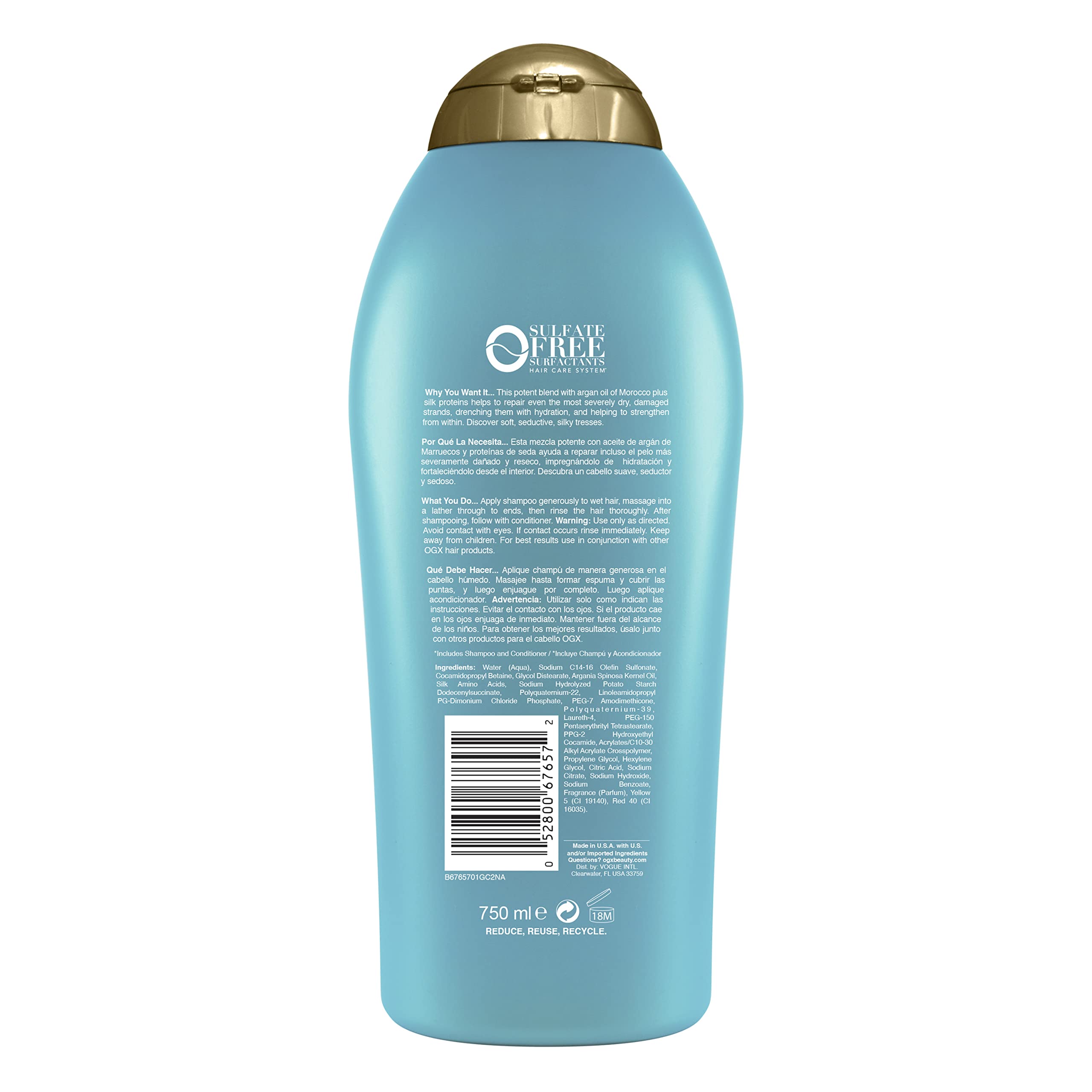OGX Extra Strength Hydrate & Repair + Argan Oil of Morocco Shampoo for Dry, Damaged Hair, Cold-Pressed Argan Oil to Moisturize & Smooth, Paraben-Free, Sulfate-Free Surfactants, 25.4 Fl Oz