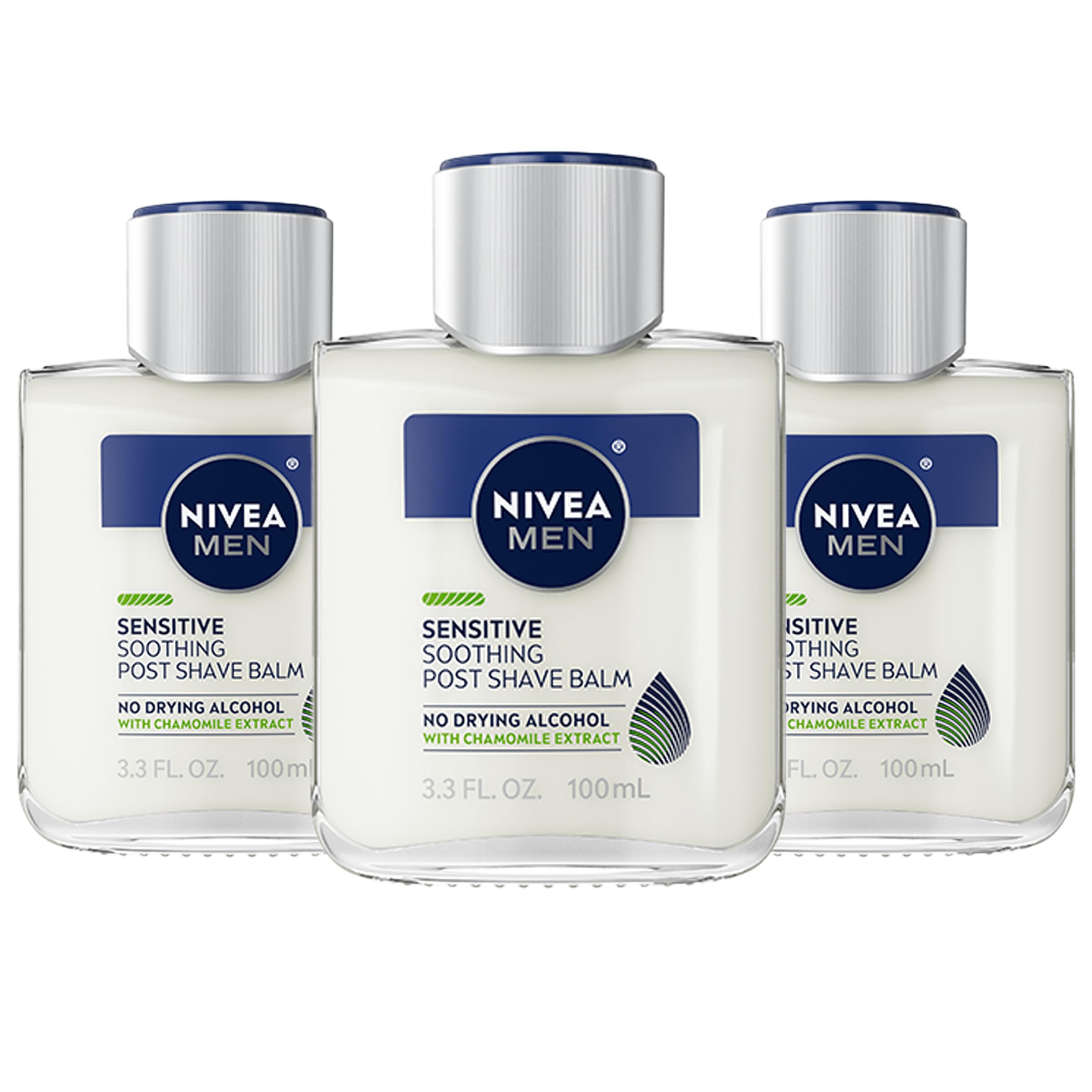 NIVEA MEN Sensitive Soothing Post Shave Balm with Vitamin E, Pro-Vitamin B5 and Chamomile Extract, Alcohol Free After Shave Balm for Men, Non-Greasy, 3.3 Fl Oz Bottle, Pack of 3