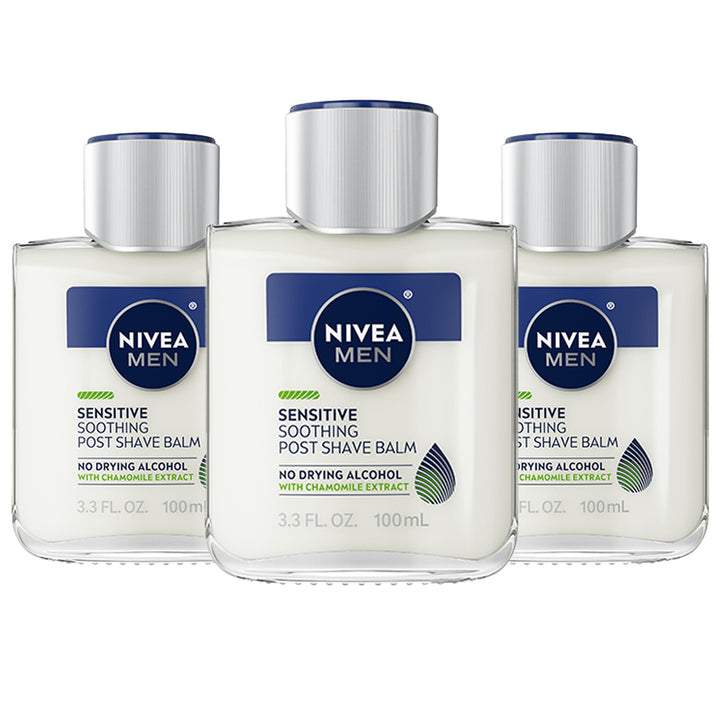NIVEA MEN Sensitive Soothing Post Shave Balm with Vitamin E, Pro-Vitamin B5 and Chamomile Extract, Alcohol Free After Shave Balm for Men, Non-Greasy, 3.3 Fl Oz Bottle, Pack of 3