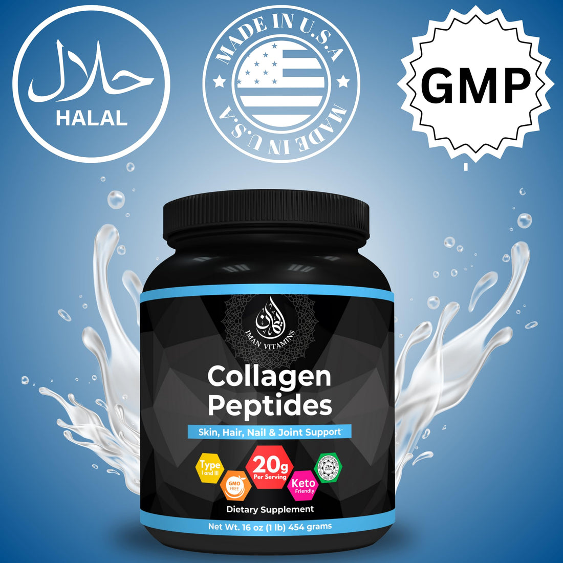 Iman Vitamins Halal Collagen Peptides Powder, 1 lb, Non-GMO, Keto Friendly, 18g Protein, Skin, Hair, Nail and Joint Support, 20 Grams of Collagen Per Serving, 16oz