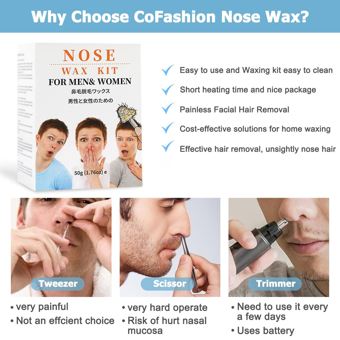 Nose Wax Kit from CoFashion - 50g Wax for Hair Removal, 20 Applicators (Up to 20 Uses), 10 Paper Cups for Nose and Ear Waxing
