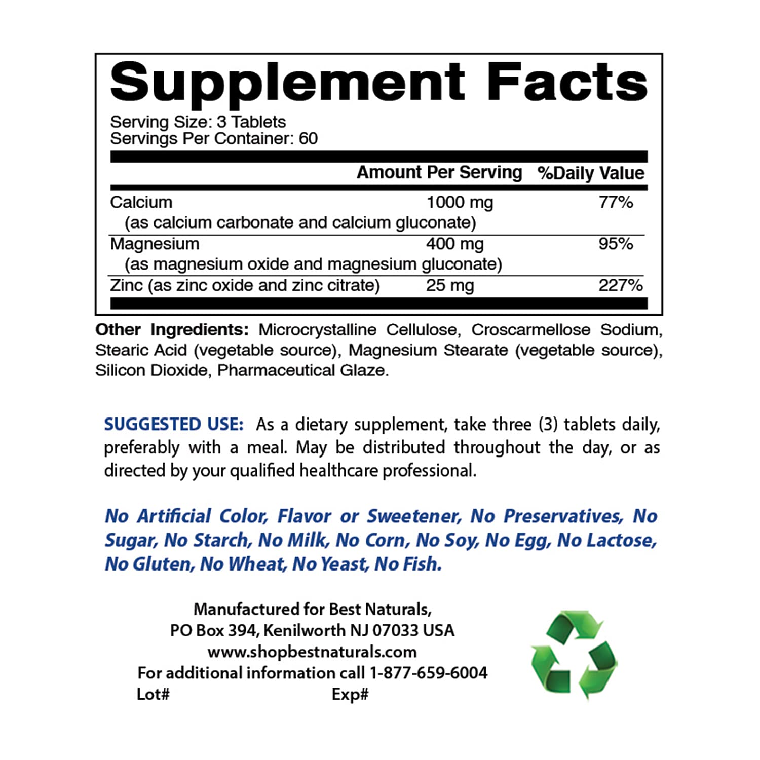 2 Packs - Best Naturals Calcium Magnesium Zinc - 180 Tablets - Essential Cal Mag Zinc Mineral Complex (Total 360 Tablets)