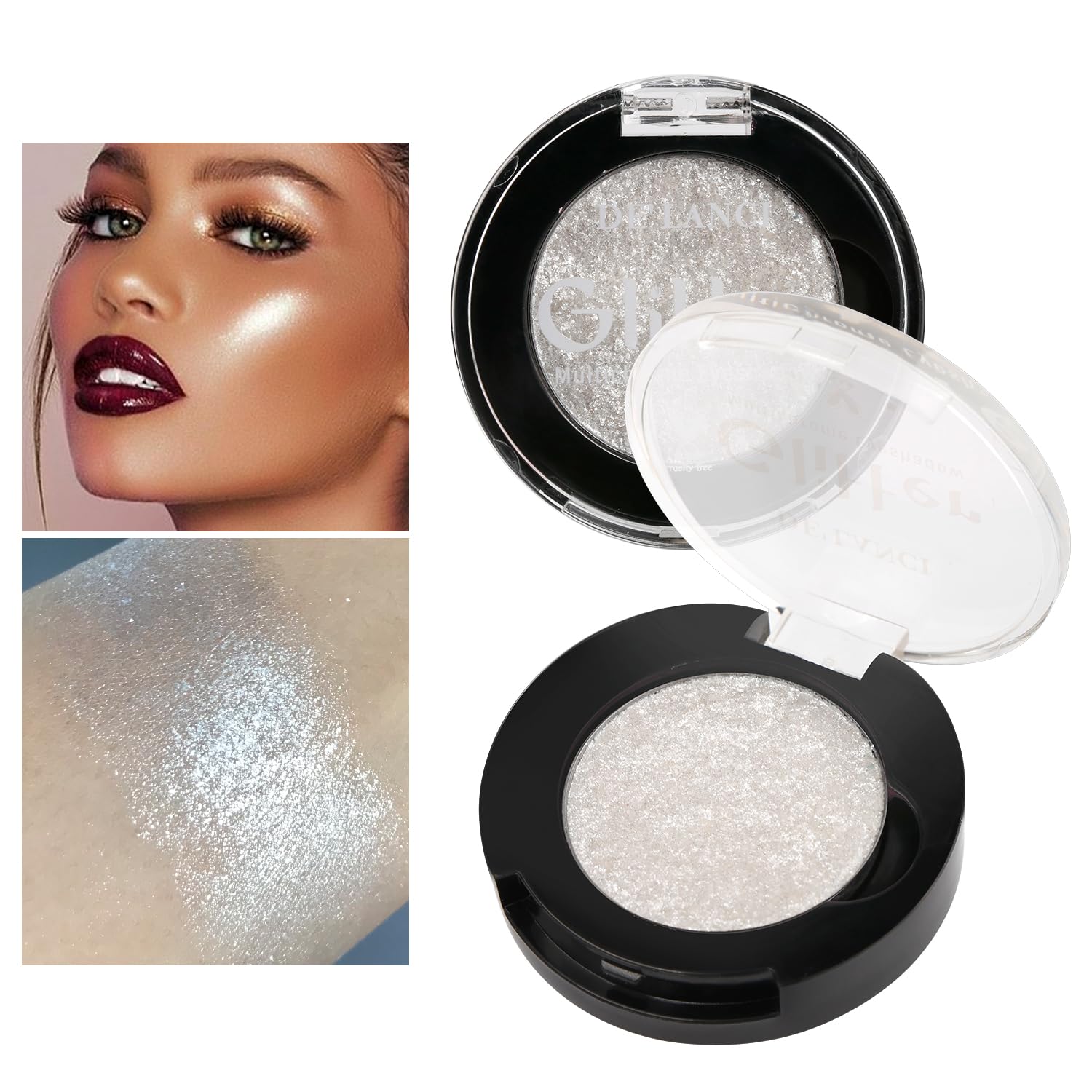 Afflano Shimmery White Glitter Eyeshadow, Highly Pigmented Single White Eyeshadow Sparkly Eye Makeup, Long Lasting Holographic White Eyes Highlighter Makeup, Cruelty Free,Talc Free, 1A