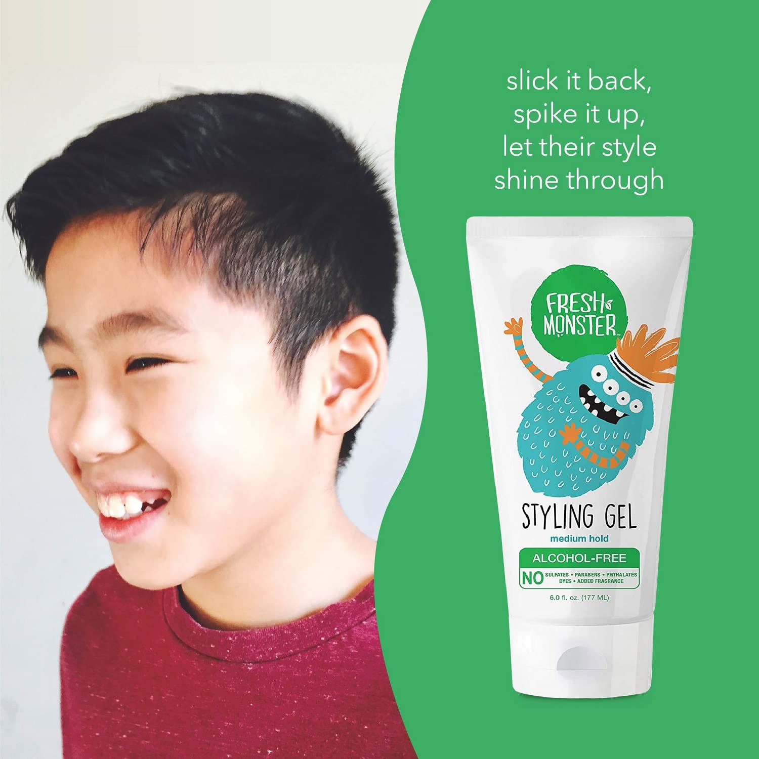 Fresh Monster Kids Hair Styling Gel, Medium Hold Alcohol-Free, Natural Hair Gel for Kids & Toddlers (6oz.)