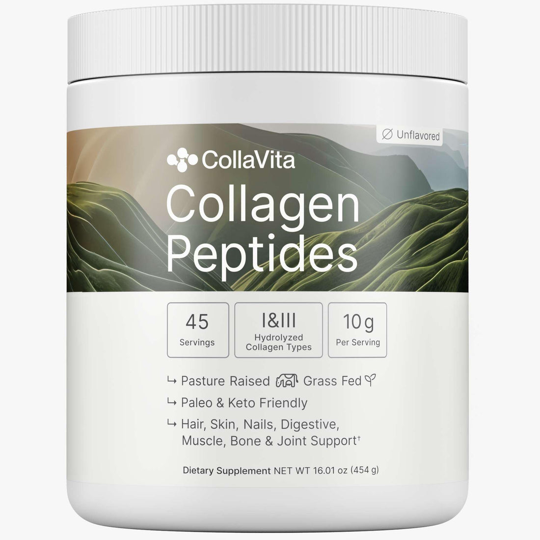 Colla Vita Collagen Peptides for Women & Men Grass-Fed Pasture-Raised Hydrolyzed Collagen Powder Type 1 & 3 for Skin, Hair, Nails and Joints, Non-GMO, Paleo & Keto, Unflavored, 16 Fl oz., 45 Servings