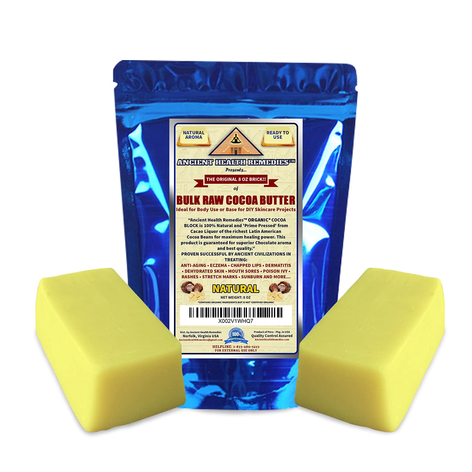 ANCIENT HEALTH REMEDIES Organic Unrefined Raw NATURAL COCOA (CACAO) BUTTER BLOCKS Bulk Size Rich Chocolate Aroma For Lip Balms Stretch Marks DIY Base for Body Butter (8oz)