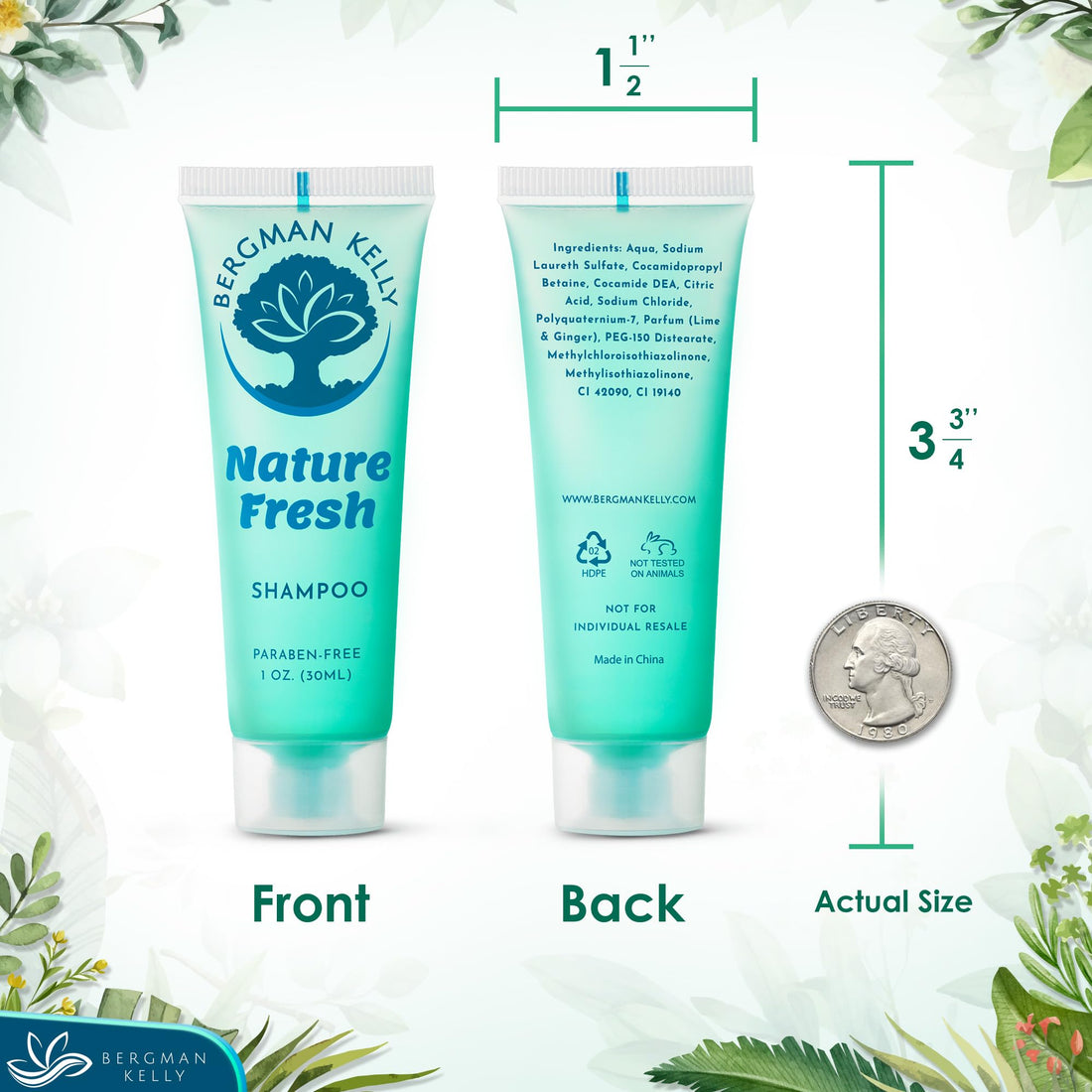 Bergman Kelly Hotel Toiletries Bundle (Nature Fresh, 1 oz each, 100 Pieces) 4-Piece Set: 25 Rectangular Bar Soap, 25 Shampoo, 25 Conditioner & 25 Body Lotion - Bulk Mini Guest Amenities