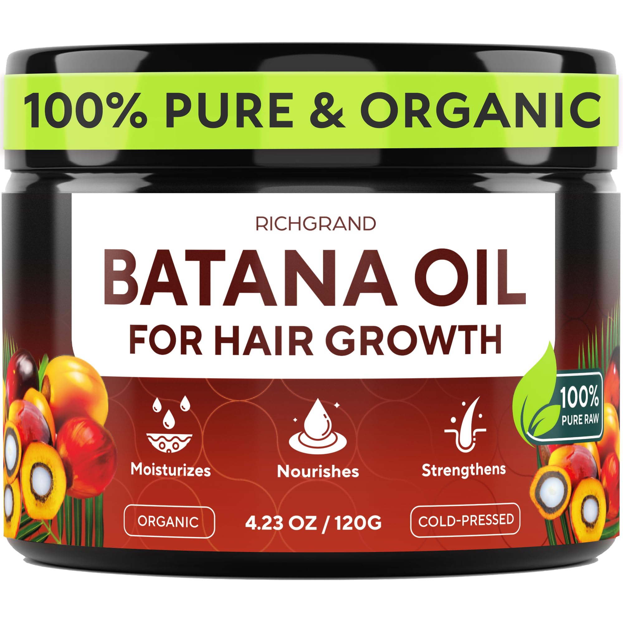 Batana Oil for Hair Growth - 100% Raw & Organic Dr Sebi Batana Oil - Cold-Pressed & Pure Unrefined Batana Hair Mask for Women & Men - Enhances Hair Thickness, Prevents Loss, Repairs Split Ends