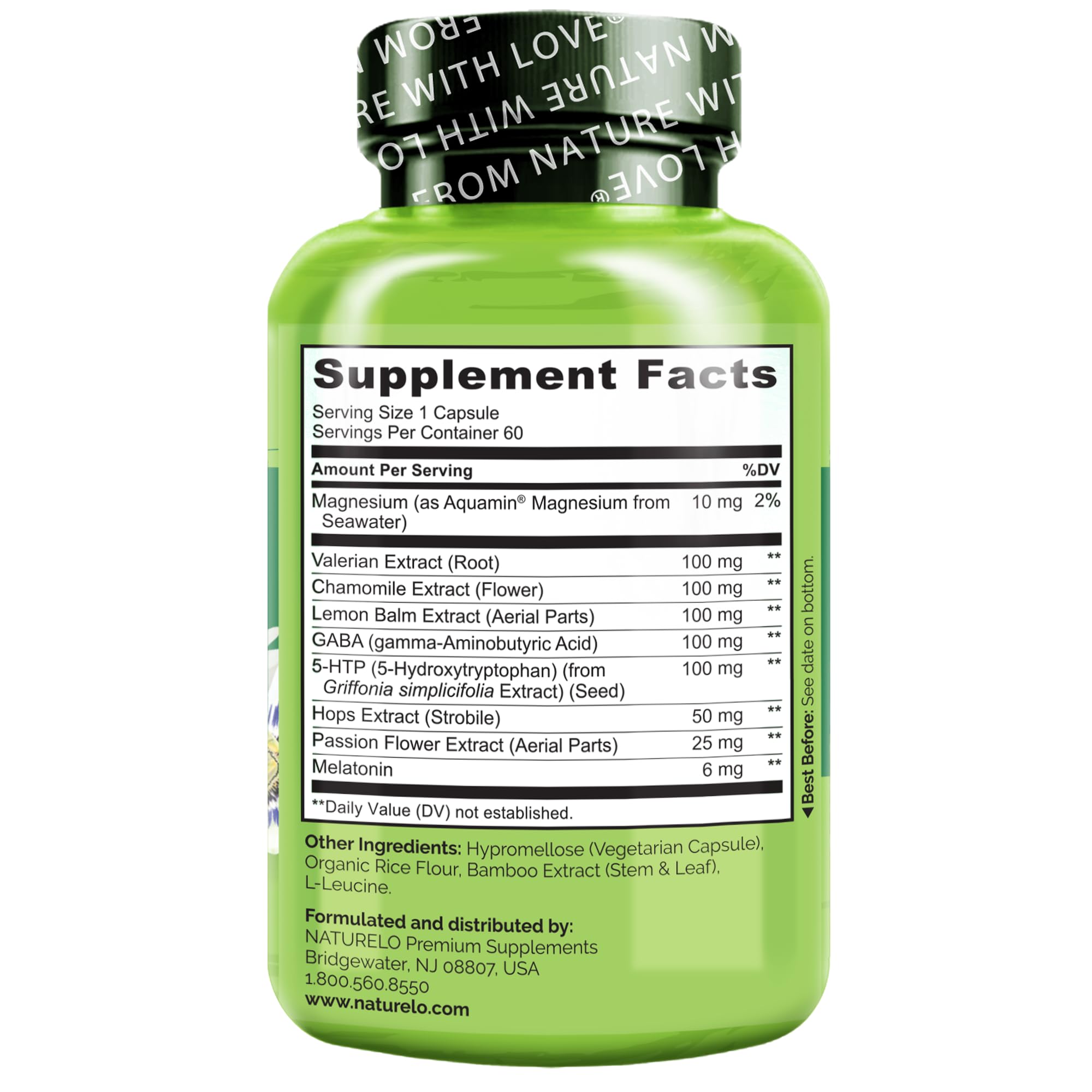 NATURELO Sleep Aid - with Melatonin, Magnesium, GABA, Valerian Root, Lemon Balm, Chamomile Herbal Extracts - Plant-Based Sleeping Aid - 60 Vegan Capsules