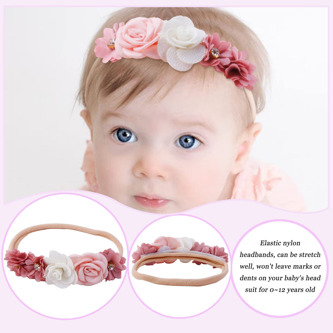 NUWAJP Baby Girl Flower Headband 6 PCS Elastic Hairbands Handmade Nylon Bows Headbands Chic Floral Hair Accessories Kids Gifts for Newborn Infant Toddlers