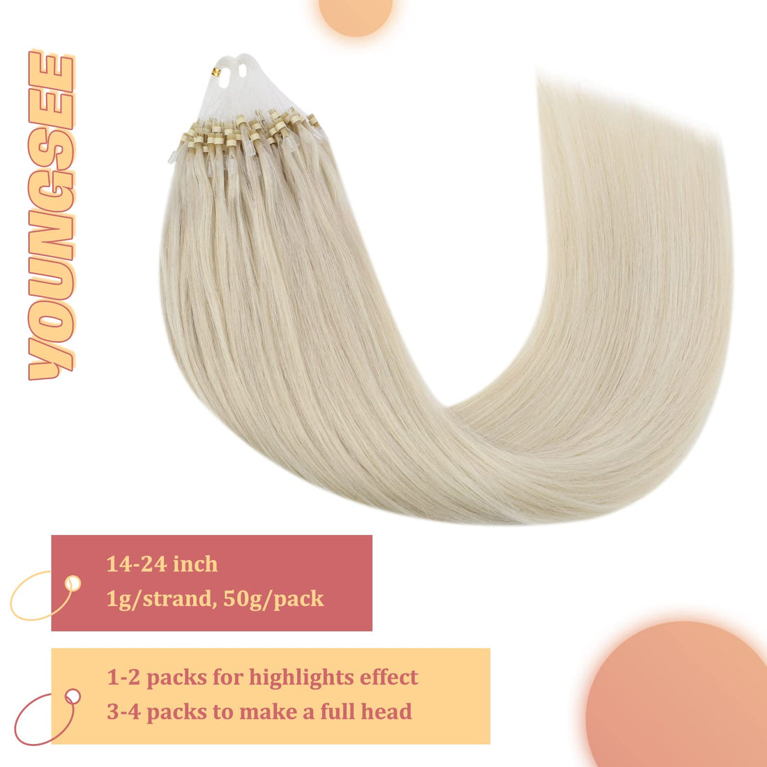 16, 60: Youngsee Platinum Blonde Loop Micro Link Extensions Human Hair 16 Micro Rings Real Hair Extensions Silkly Straight 50G Per Pack
