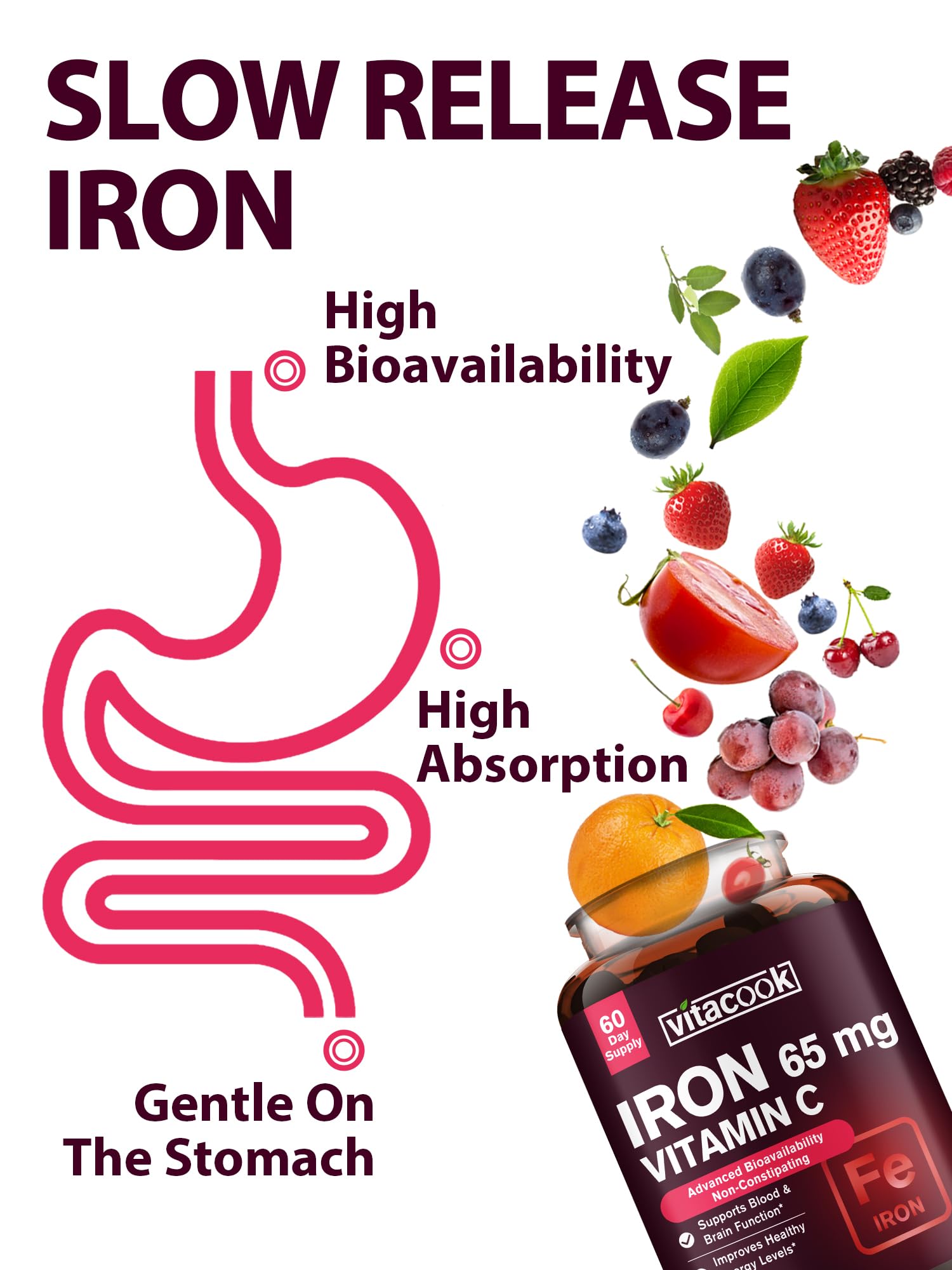 Vitacook Iron Supplement for Women Men, High Potency Iron 65mg with Vitamin C 250mg, Slow Release Stomach Friendly Iron Pills for Red Blood Cell & Immune Support, Non-GMO, Gluten Free, 60 Vegan Tabs