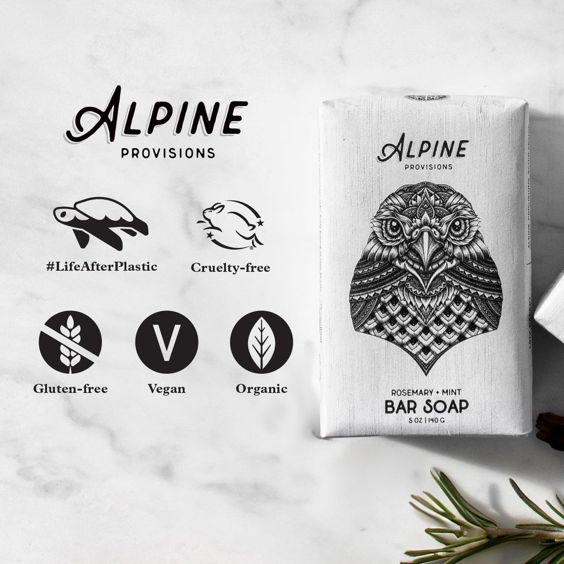 Alpine Provisions Rosemary & Mint Bar Soap - Moisturizing and Cleansing with Essential Oils, RSPO Palm Oil - Vegan and Organic Fragrance, Sulfate - Natural Soap Bar for Soft Hands – 5 Oz Pack of 1