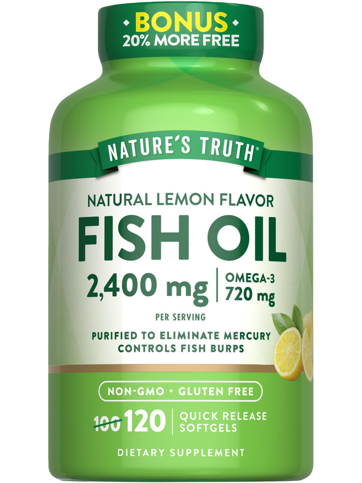 Nature's Truth Fish Oil 2400mg | 120 Quick Release Softgels | 720 mg Omega 3 | Burpless Lemon Flavor Pills | Non-GMO & Gluten Free Supplement