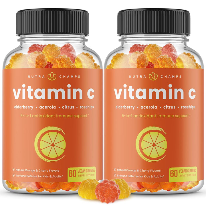 NutraChamps Vitamin C Gummies for Adults & Kids, 5-in-1 Immune System Support with Elderberry, Rosehips, Citrus Bioflavonoids & Acerola Cherry, Immunity Booster Supplement (Pack of 2)