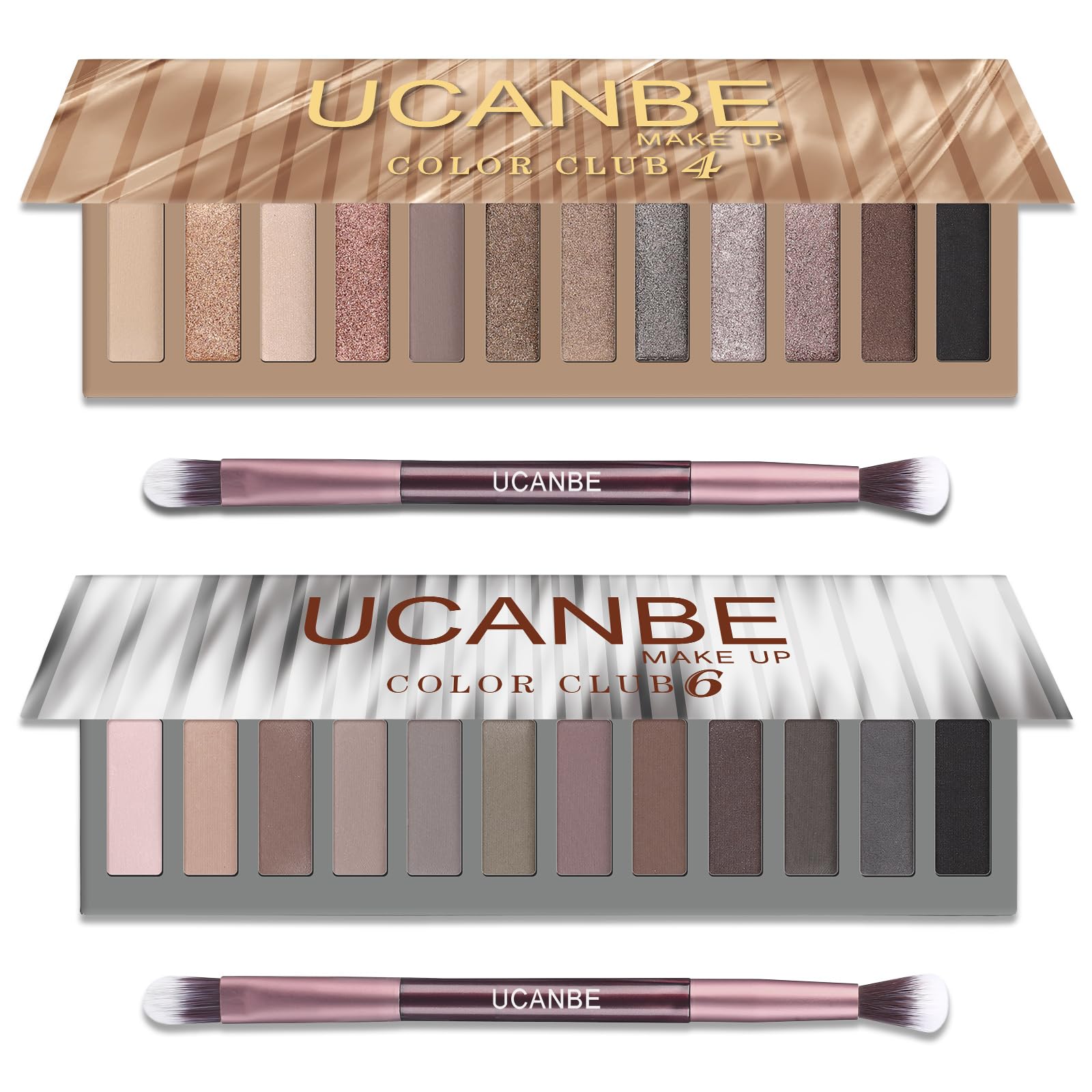 UCANBE 2 PCS Eyeshadow Makeup Palette Kit, 12 Color Naked Nude Eye Shadow Set, Neutral Matte Shimmer Make Up Pallet With Double-Ended Brush, Highly Pigmented Long Lasting Waterproof