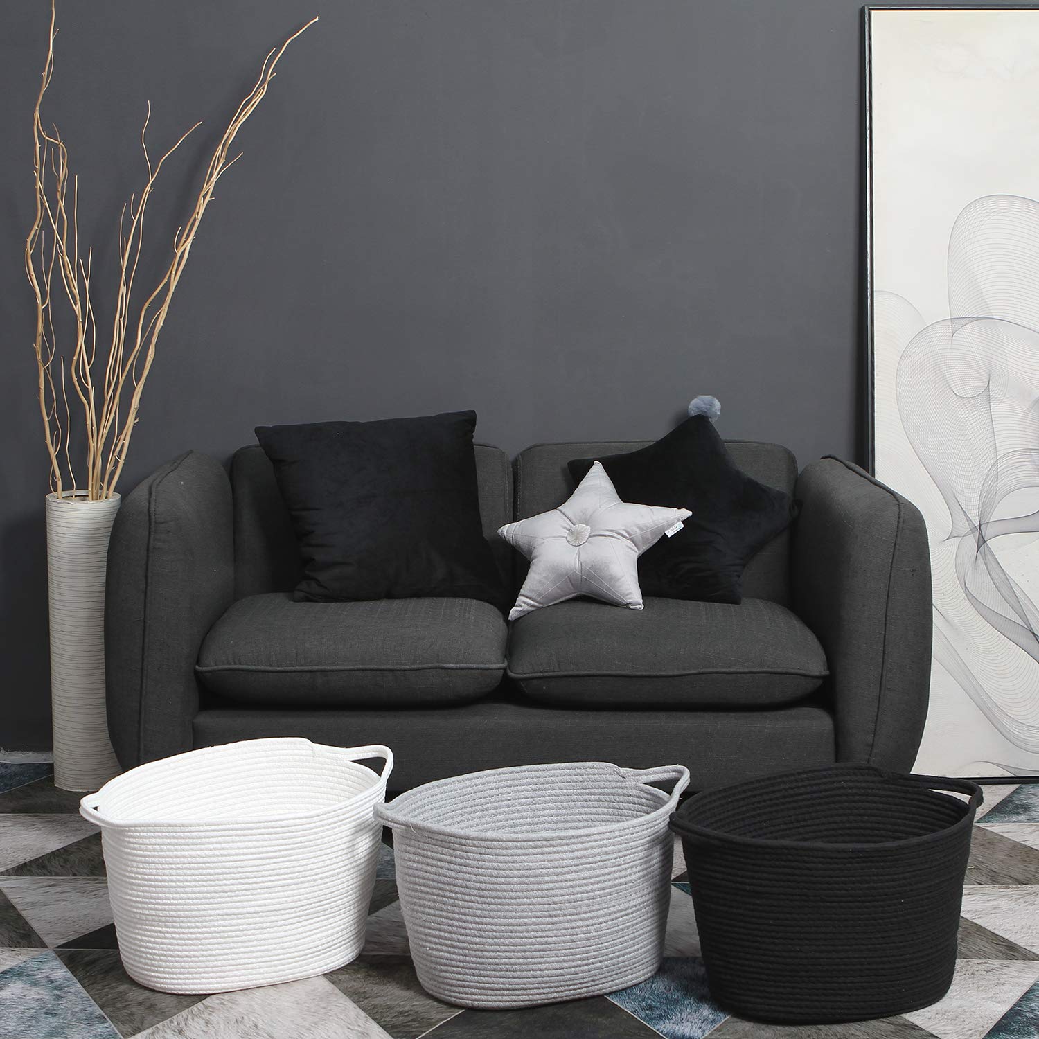 Sea Team Oval Cotton Rope Woven Storage Basket with Handles, Diaper Caddy, Nursery Nappies Organizer, Baby Shower Basket for Kid's Room, 12.2 x 8.7 x 9 Inches (Small Size, Black)