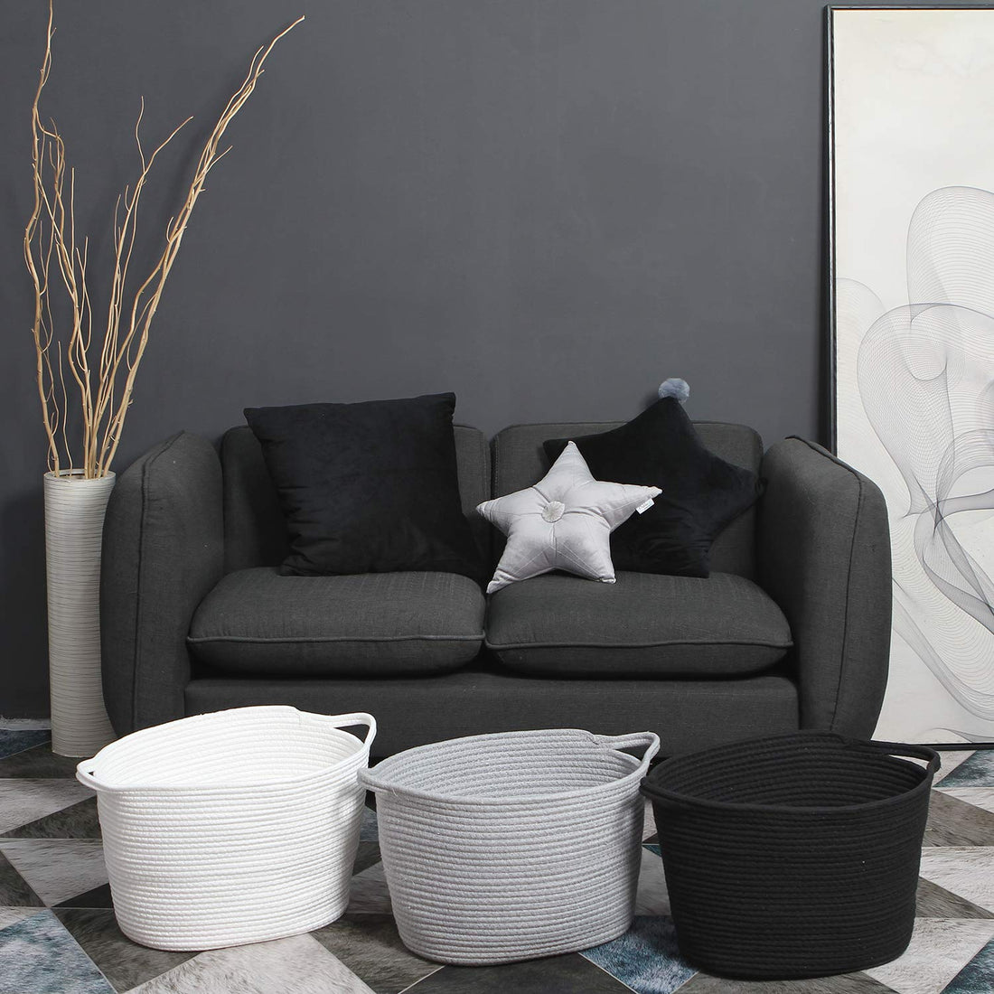 Sea Team Oval Cotton Rope Woven Storage Basket with Handles, Diaper Caddy, Nursery Nappies Organizer, Baby Shower Basket for Kid's Room, 12.2 x 8.7 x 9 Inches (Small Size, Black)