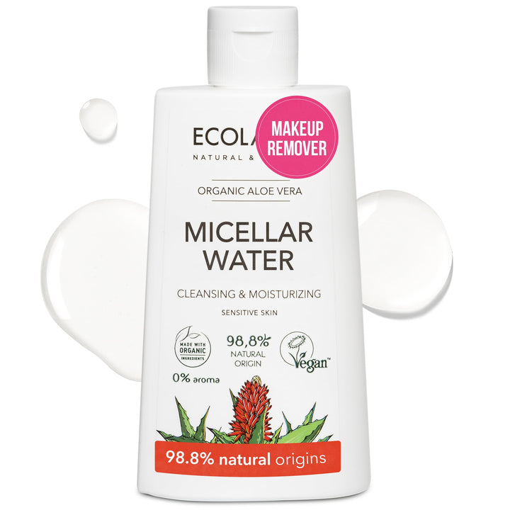 ECOLATIÈR Micellar Water Cleansing & Moisturizing Organic Aloe Vera – 98.8% Natural, Vegan Facial Cleanser & Hydrating Makeup Remover for All Skin Types, Micellar Water Makeup Remover, 8.5 Fl Oz