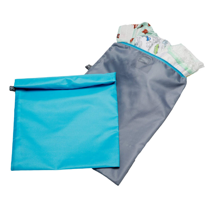 J.L. Childress Waterproof Wet and Dry Bags - 2 Pack - Leak-proof, Machine-Washable Wet Dry Bags - Reusable Bags for Travel, Beach, Cloth Diapers, Wet Clothes, Swimsuits, Gym - Teal/Grey