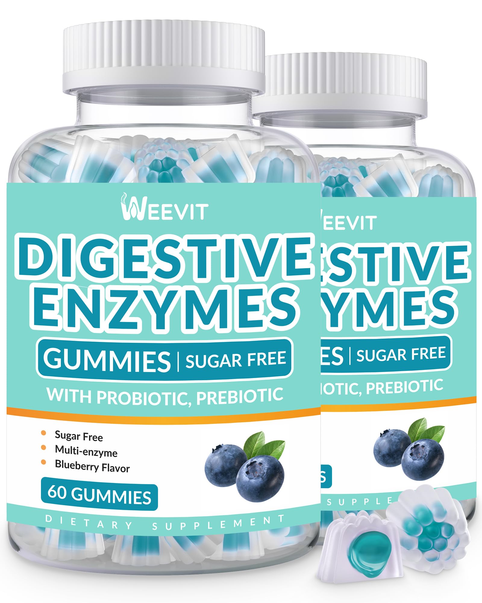 WEEVIT Digestive Enzymes Gummies - 2 Months Supply - Chewable Digestive Enzymes Gummy with Probiotics & Prebiotics Blend for Women Men, Sugar Free | Vegan | Blueberry Flavored (Pack of 2)