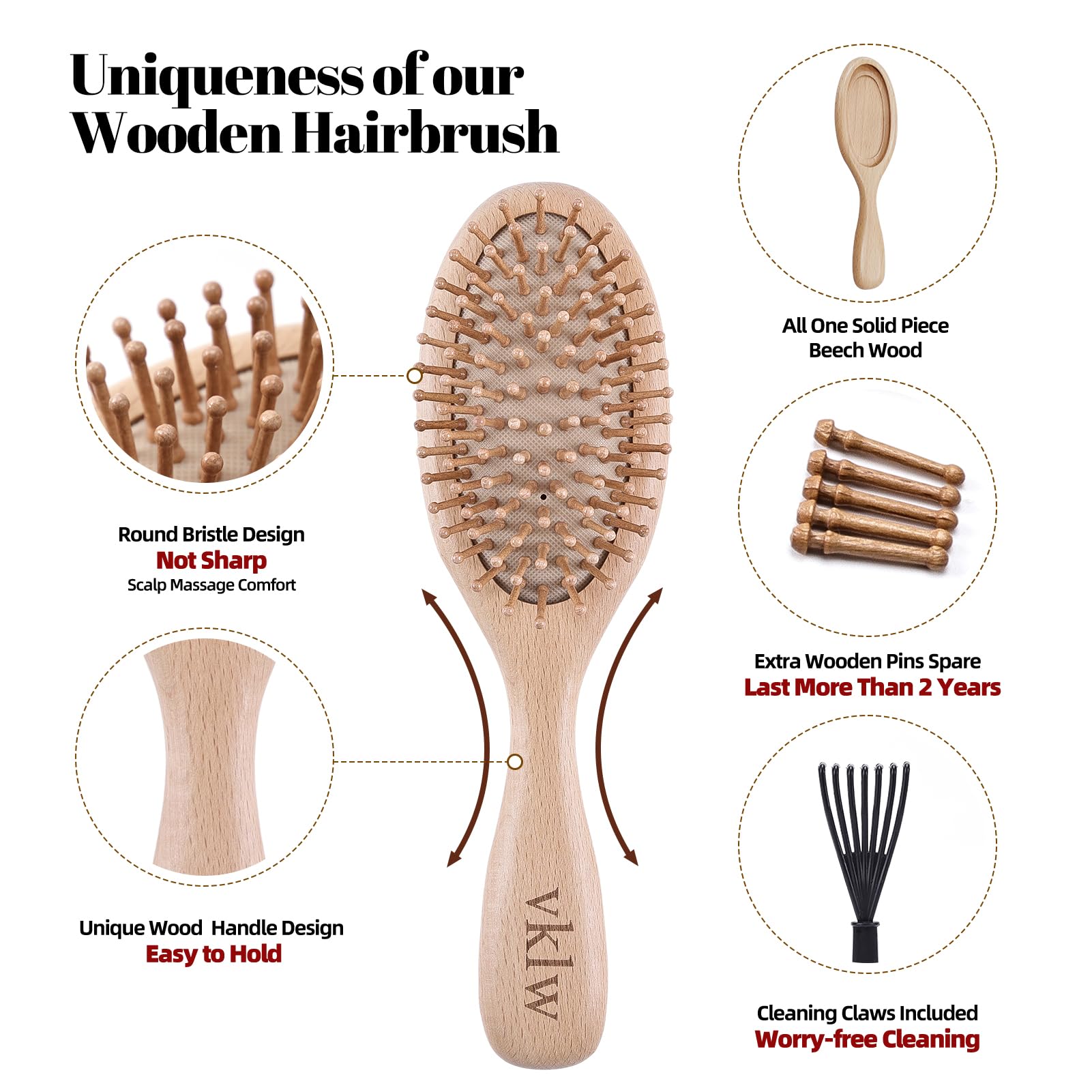 Vklw Natural Wood Hair Brush With Wooden Bristles, Massage Scalp Comb And Peach Wood Beard Comb For Men And Women 3 Pcs
