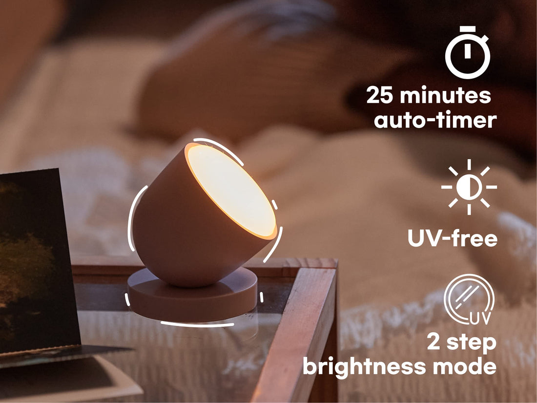 Olly Light Therapy Lamp - UV-Free LED with 140g Compact Size for deep Sleep, Rechargeable, 2step Brightness Mode, 25minutes Automatic Timer - Daily Sunlight to Sleep Well