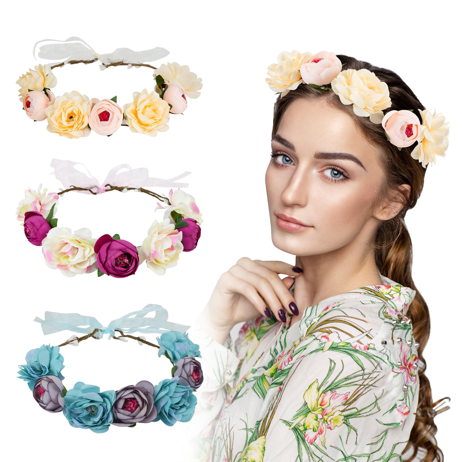 REVEW 3PCS Handmade Flower Headband Floral Crown, Bridal Hair Wreath Wedding Halo Floral Garland Headbands Headpiece With Ribbon For Wedding Party Photo Props