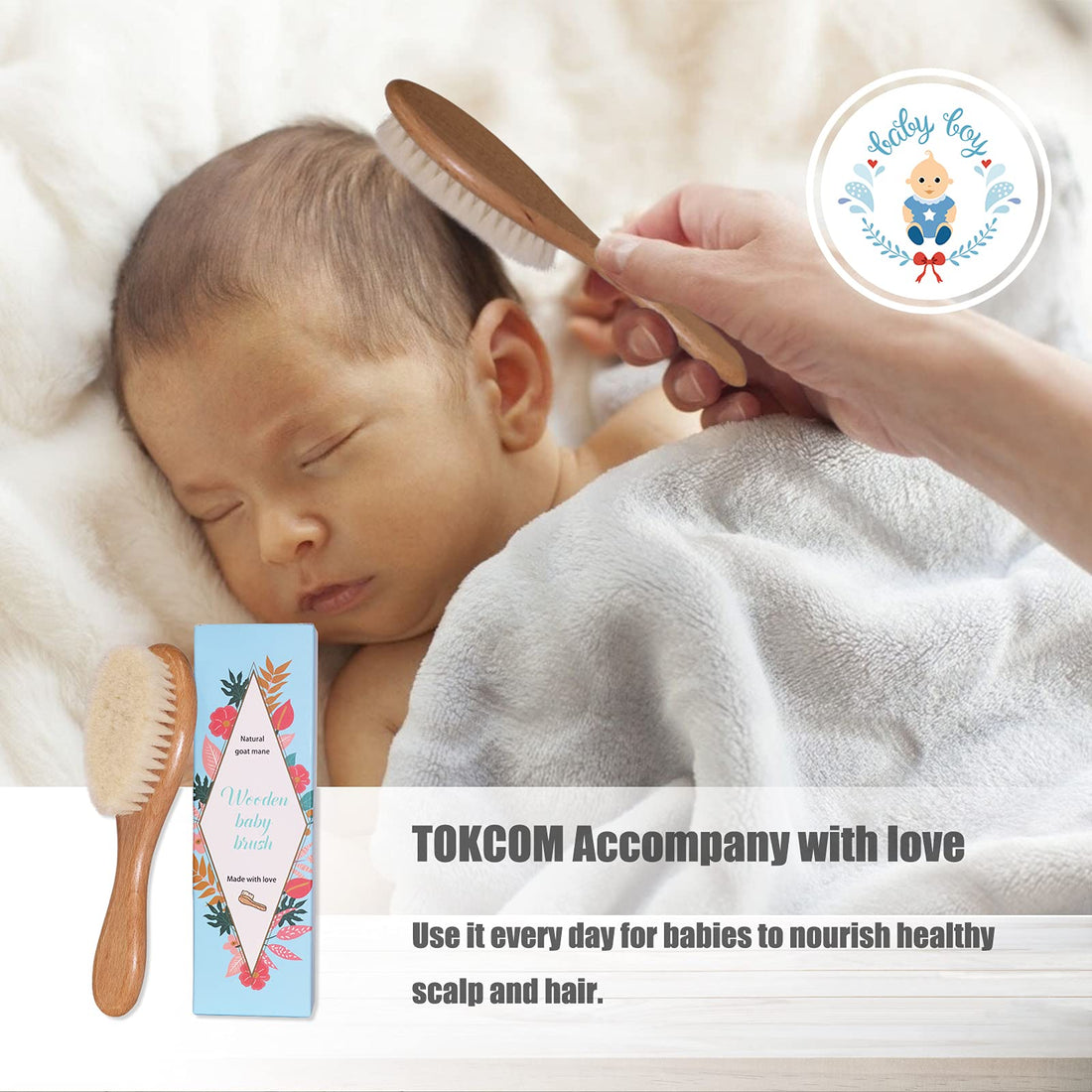 Tokcom Baby Hairbrush, Baby Massage Brush with Wooden Handle & Super Soft Goat Bristles for Newborns & Toddlers