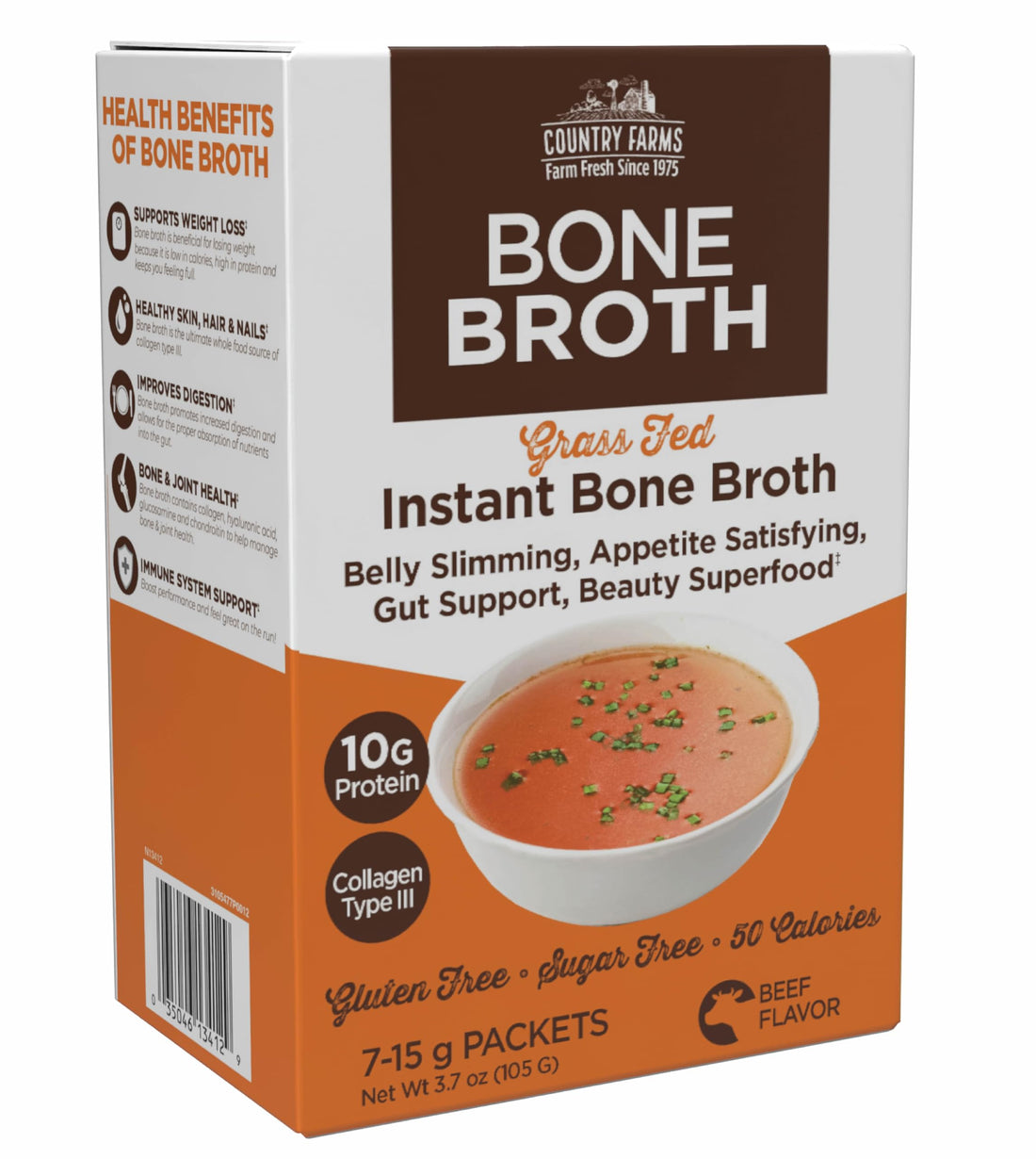 COUNTRY FARMS Skinny Broth, Instant Beef Bone Broth, 10G Protein, Collagen Type III, Promotes Better Digestion, Bone and Joint Health, 7 Day Plan, 7-15g Packets
