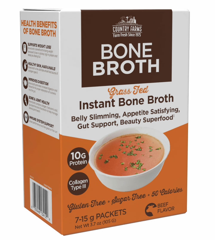 COUNTRY FARMS Skinny Broth, Instant Beef Bone Broth, 10G Protein, Collagen Type III, Promotes Better Digestion, Bone and Joint Health, 7 Day Plan, 7-15g Packets