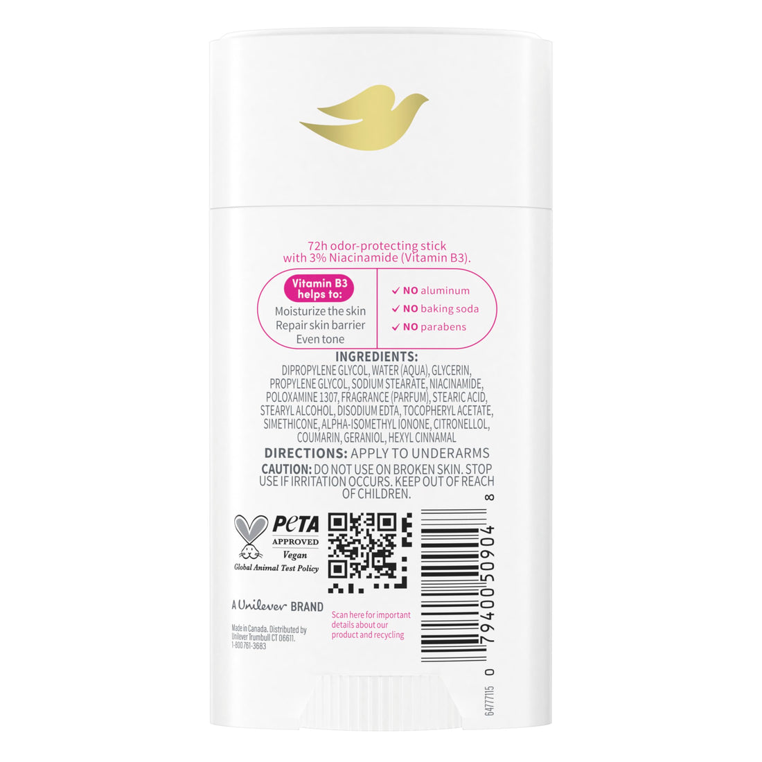 Dove VitaminCare+ Aluminum Free Deodorant Stick for 72H Odor Protection Raspberry & Rose Breathable Deodorant for Women 2.6 oz